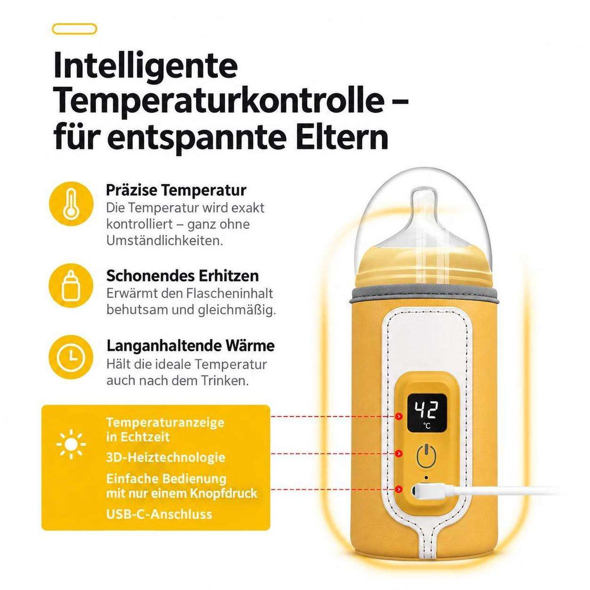 Intelligenter Babyflaschenwärmer mit Display, USB-C und gelber Hülle auf weißem Hintergrund mit Text.