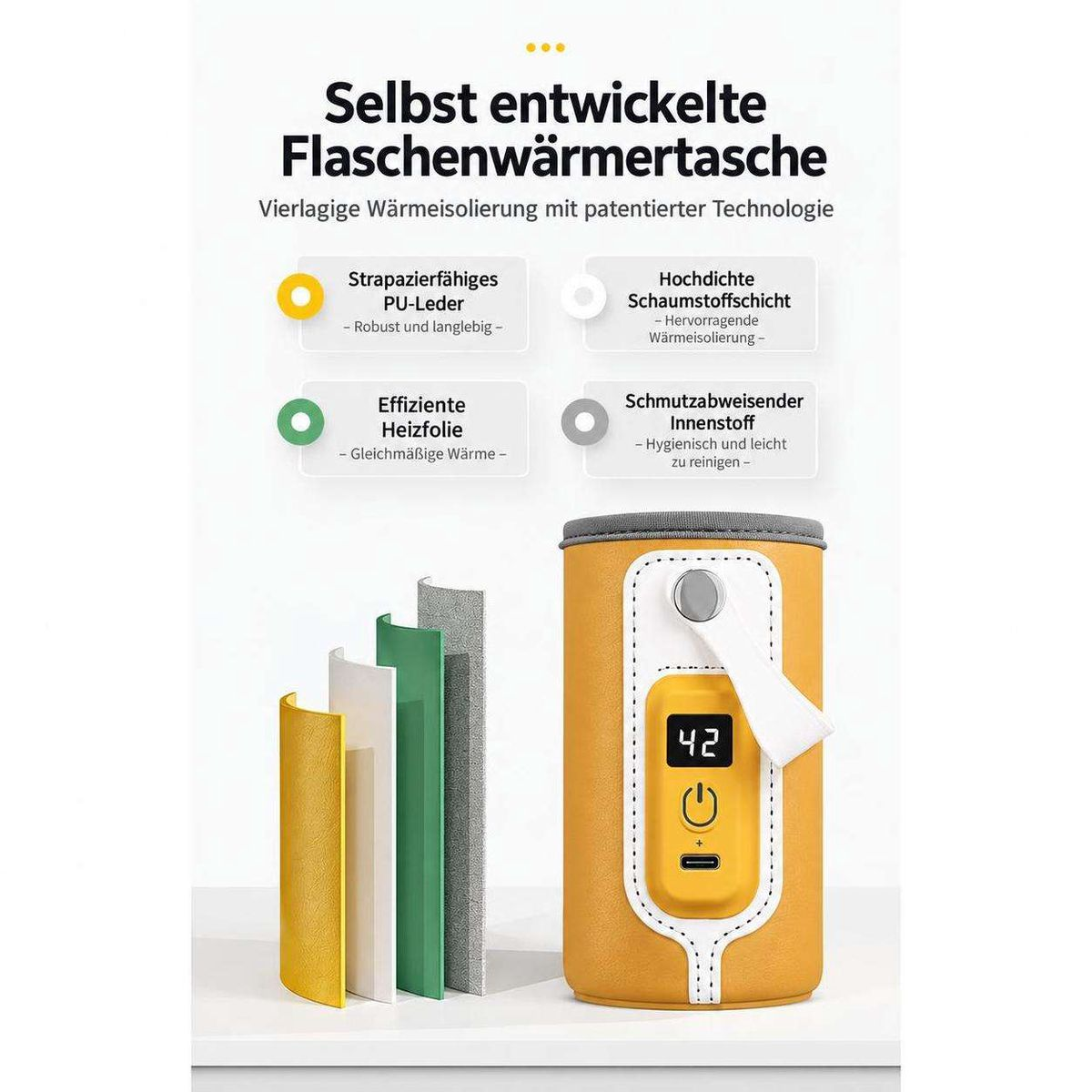Eine Infografik mit vier Isolierschichten eines gelben Flaschenwärmers mit digitaler Temperaturanzeige.