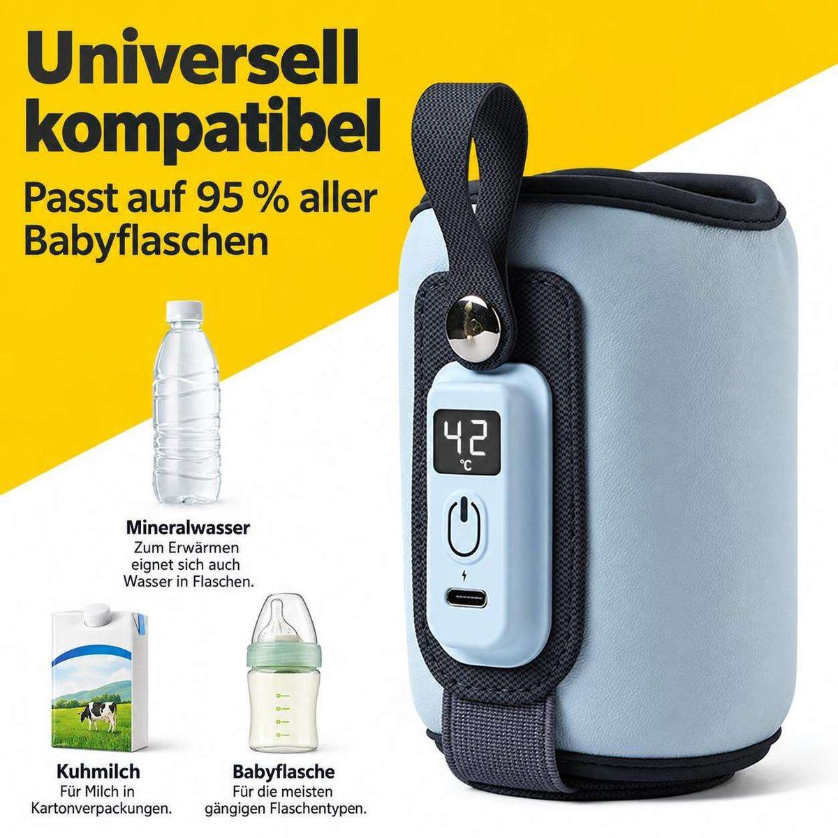 Universell kompatibler, blauer Flaschenwärmer mit digitaler Temperaturanzeige und Beispielen für verschiedene Flaschen.