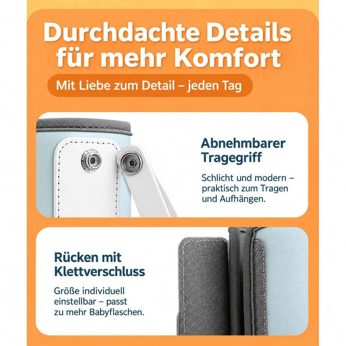 Produktwerbung mit Details wie abnehmbarem Tragegriff und Klettverschluss auf orangefarbenem Hintergrund.