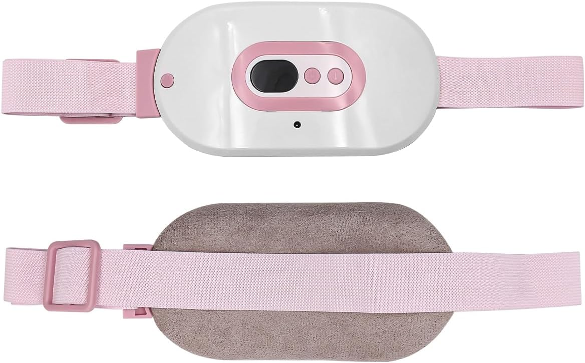 Ein rosa-weißer elektrischer Heizgürtel mit Digitalanzeige und Steuerknöpfen vor weißem Hintergrund.