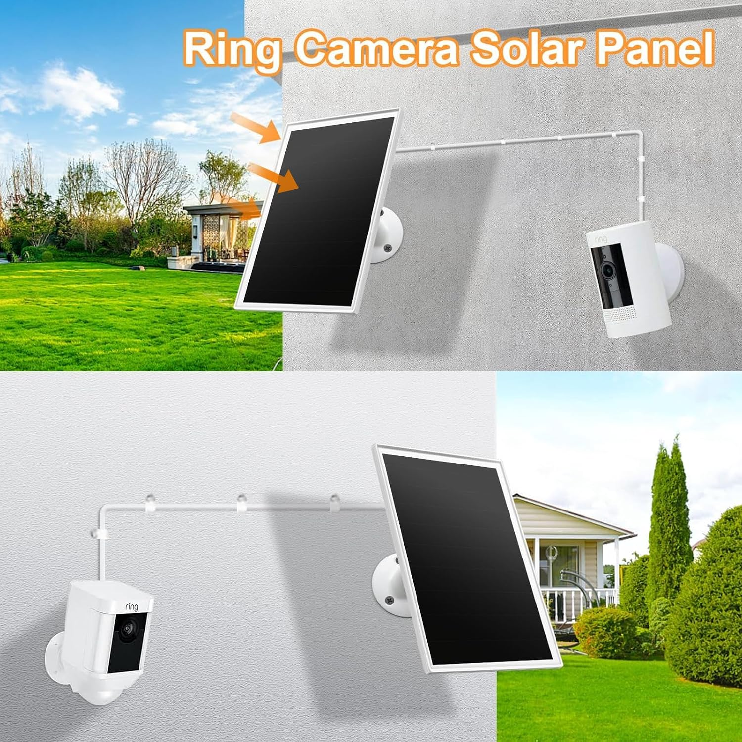 Ring Solarpanel und Kamera an einer weißen Wand, mit Blick auf einen Garten.