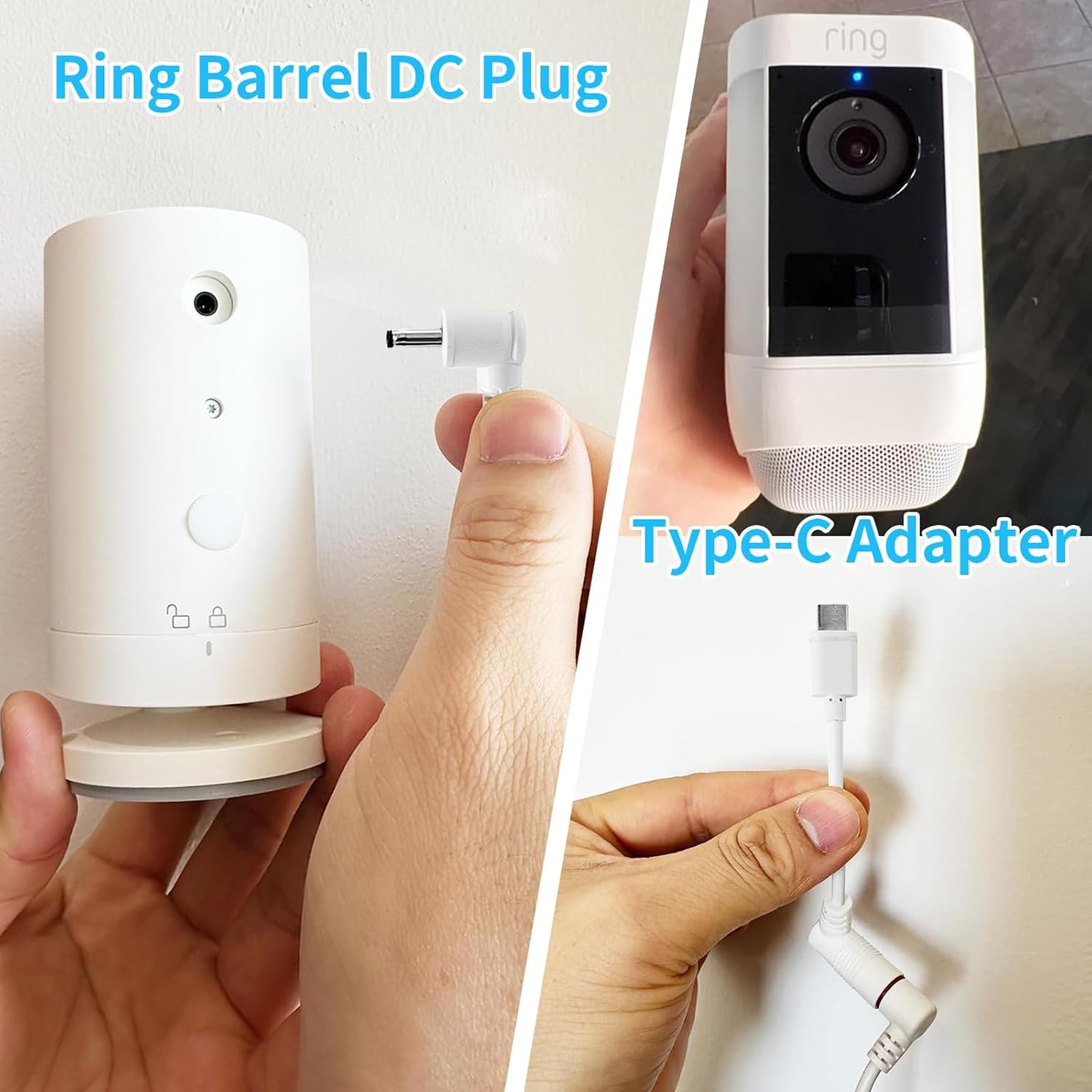 Vergleich von Ring Kamera mit Hohlstecker und Typ-C-Adapter.