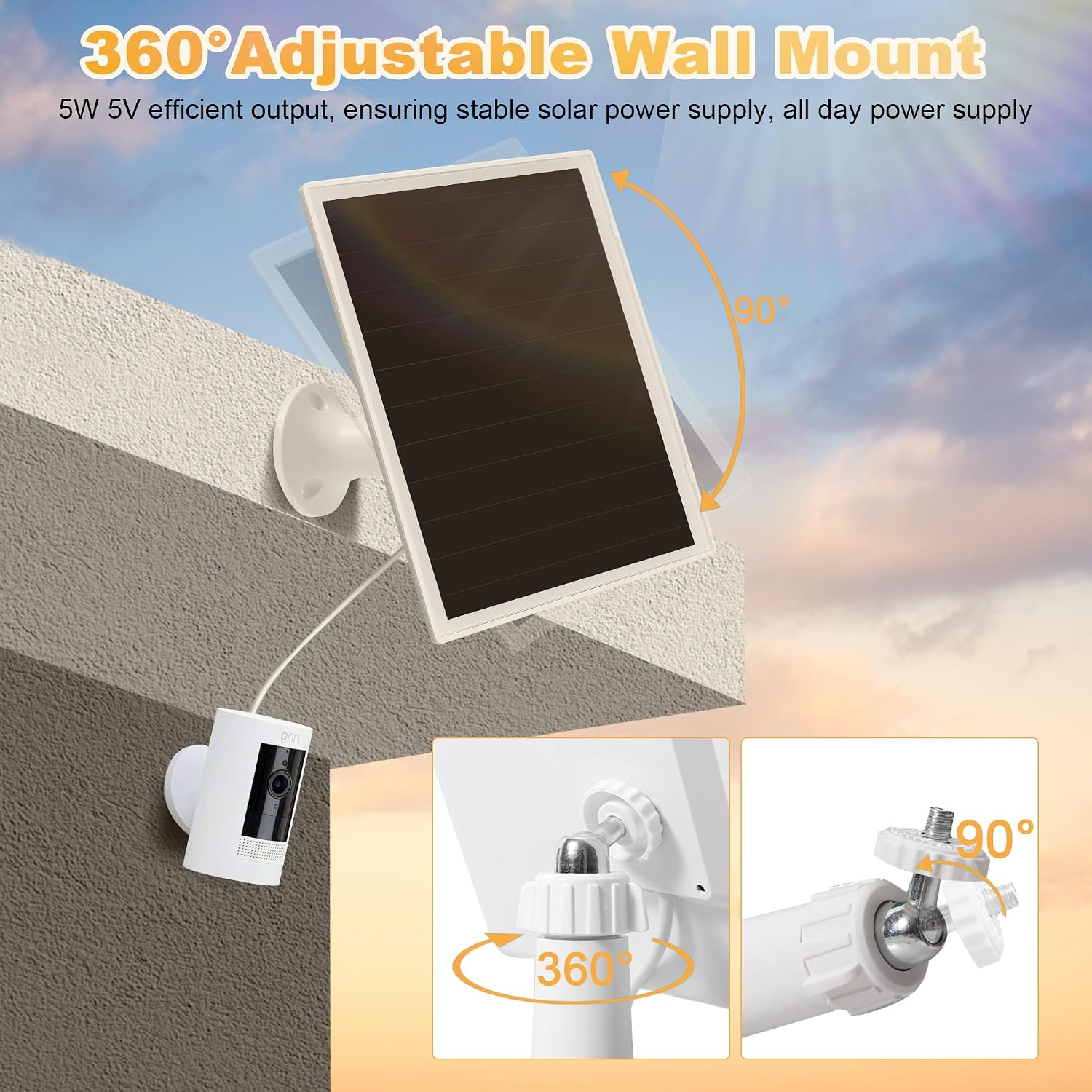 Wandmontiertes Solarpanel mit 360-Grad-Halterung verbunden mit einer Sicherheitskamera vor einem Himmel.