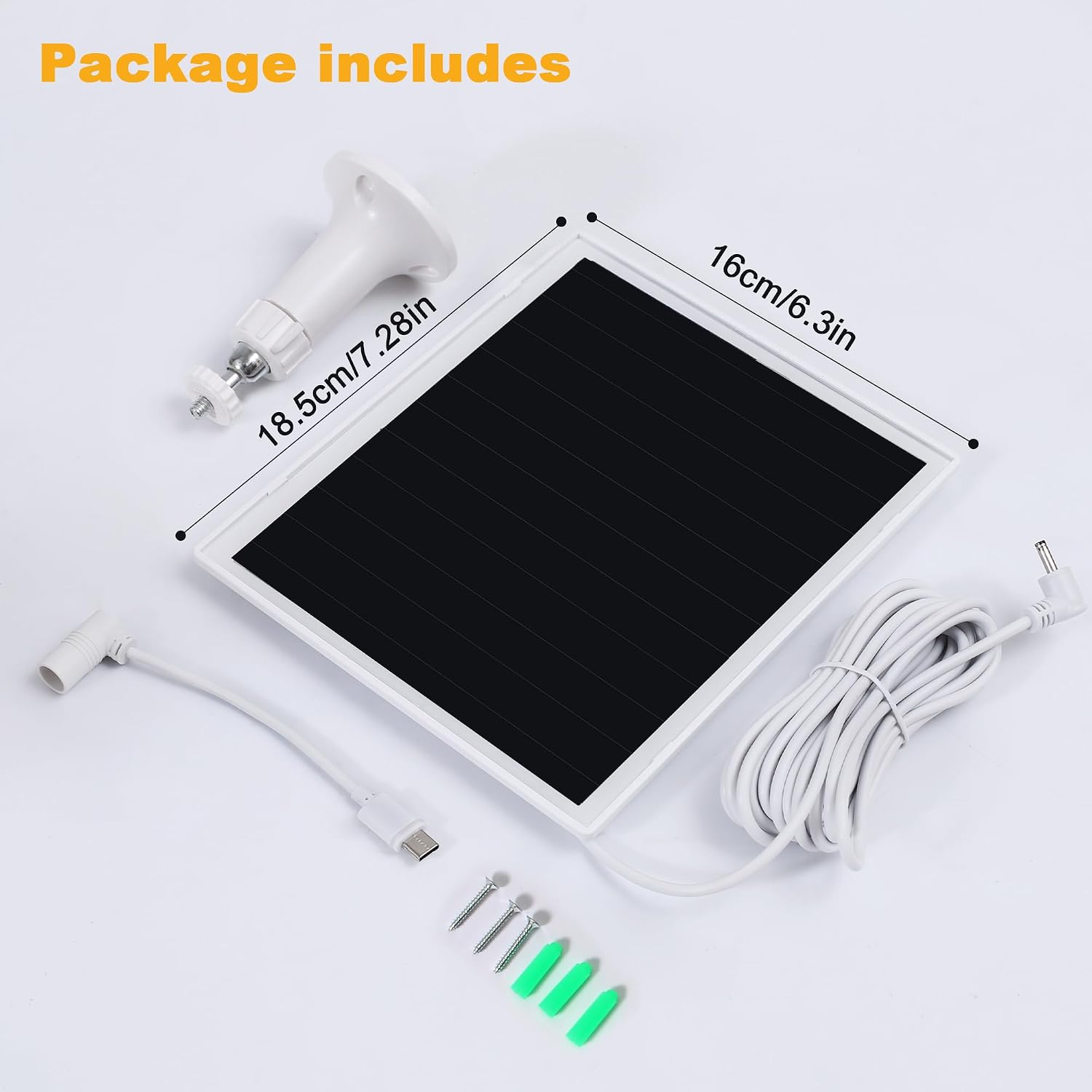 Solarpanel mit Kamerahalterung, langem Kabel, Adapterkabel, Schrauben und Dübeln auf weißem Hintergrund.