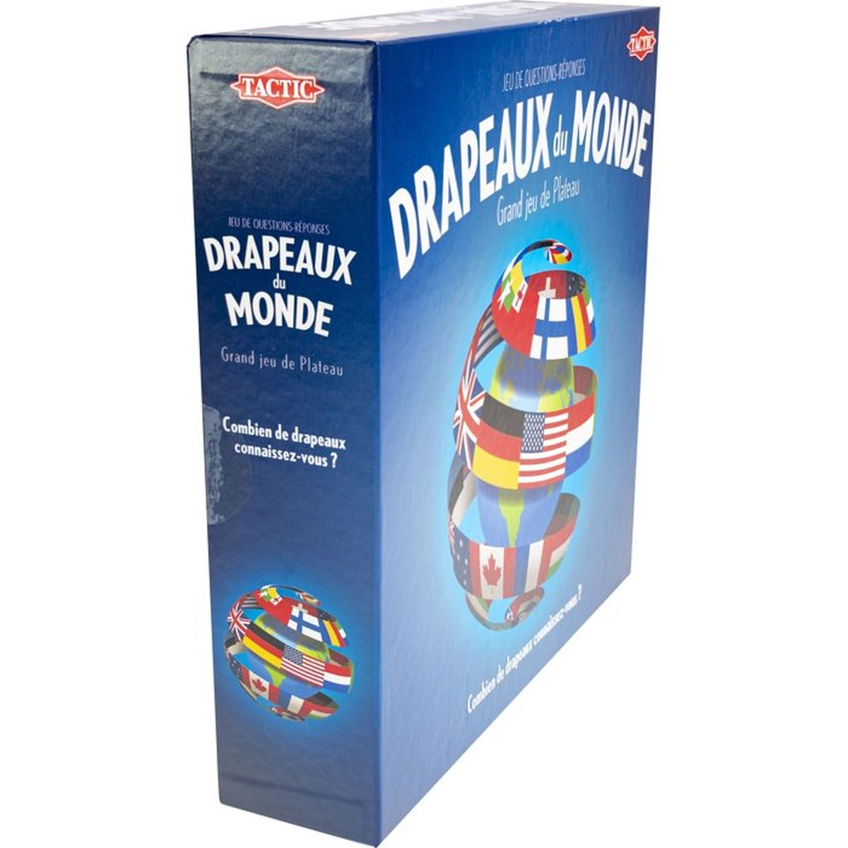 Blaue Schachtel des Tactic Brettspiels 'Drapeaux du Monde' mit Weltkugel und Flaggen.