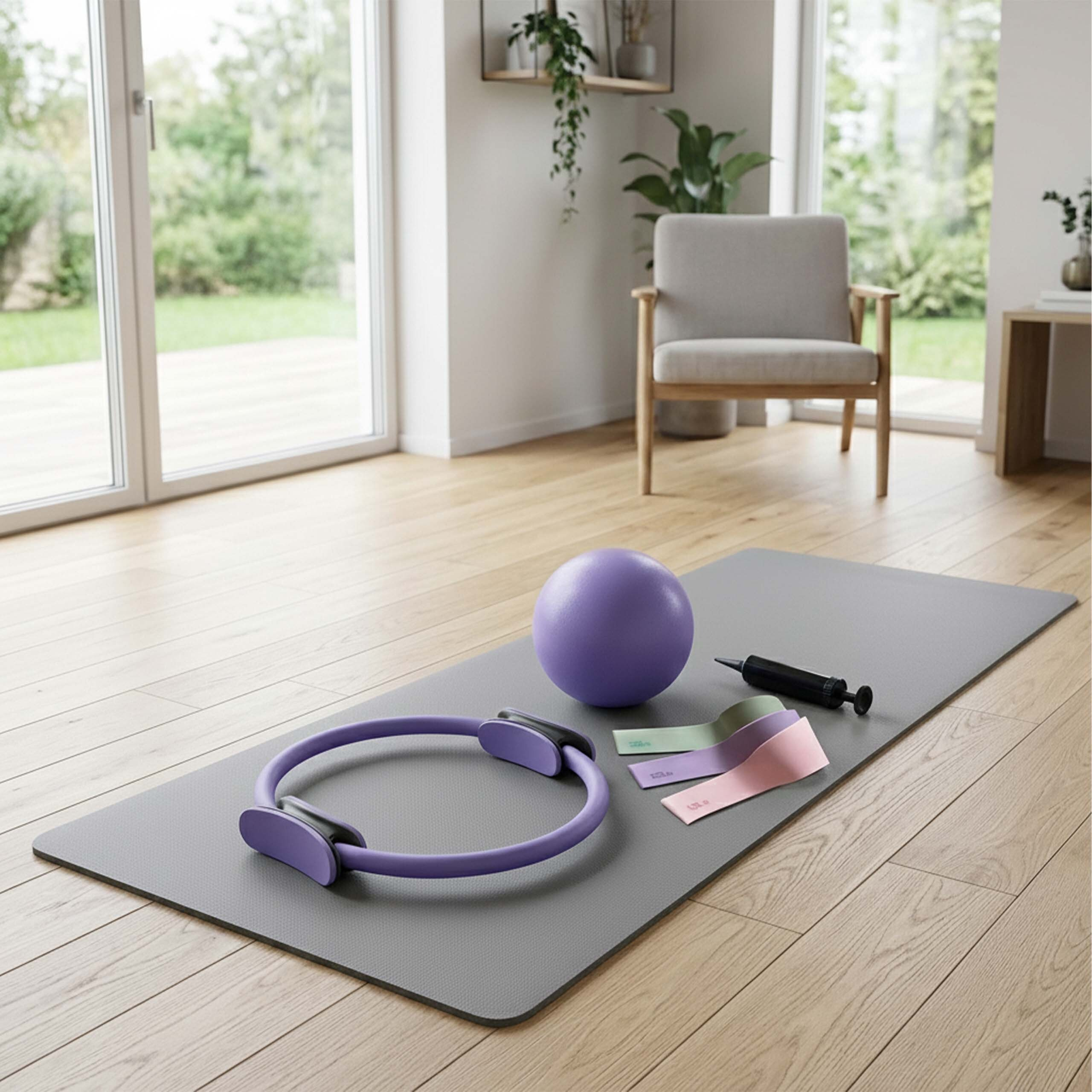 Lila Pilates-Ring, Ball, Bänder und Pumpe auf einer grauen Matte in einem hellen Raum.