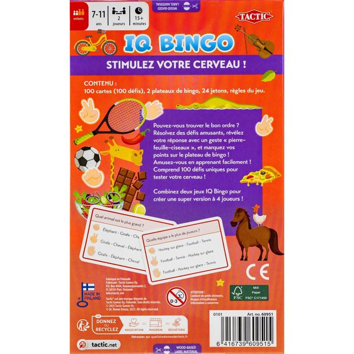 Rückseite der IQ Bingo-Schachtel mit Spieldetails, Illustrationen, Karten und französischem Text vor orangem Hintergrund.