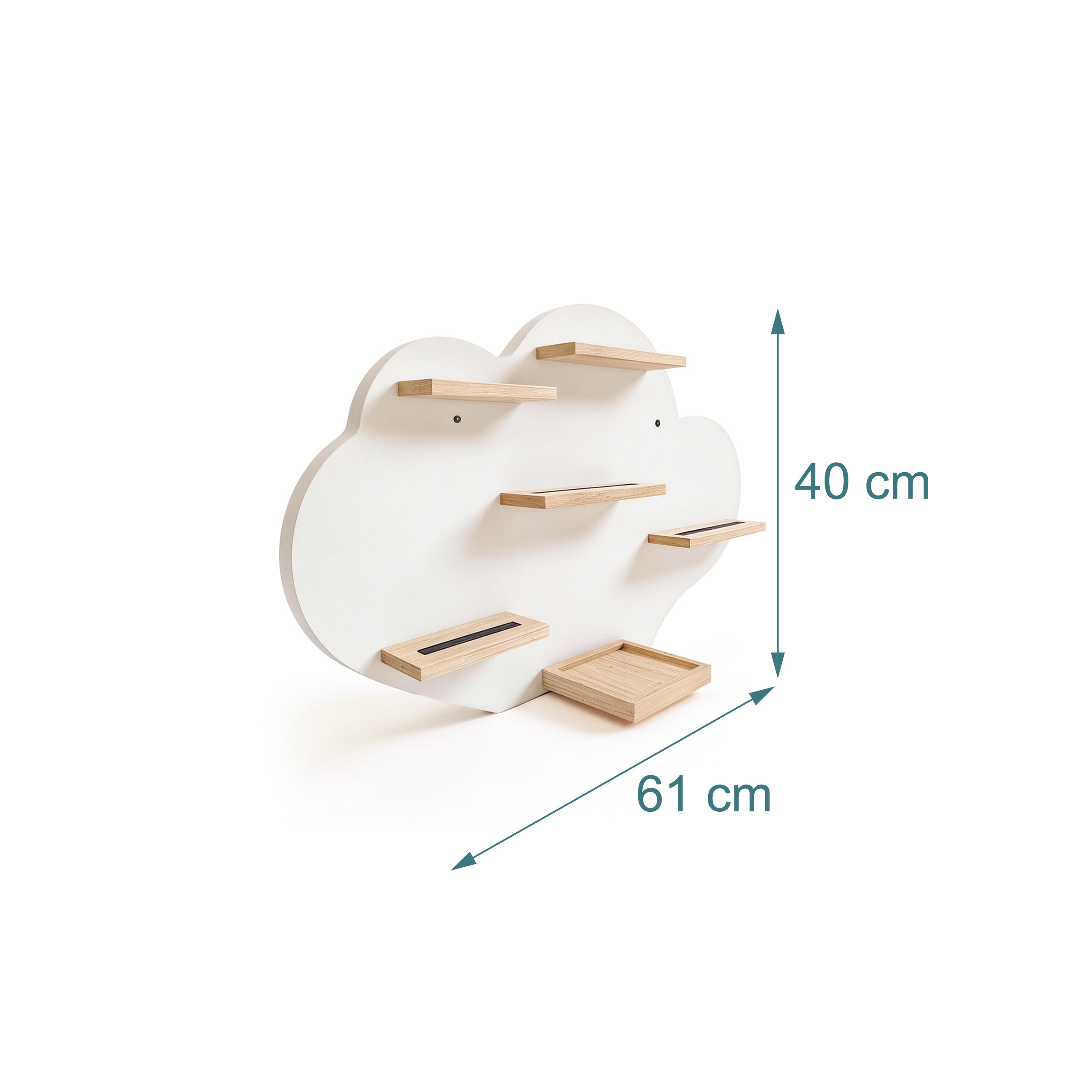 Wandregal in Wolkenform mit kleinen Holzregalen, Maße 40 cm hoch und 61 cm breit, vor weißem Hintergrund.