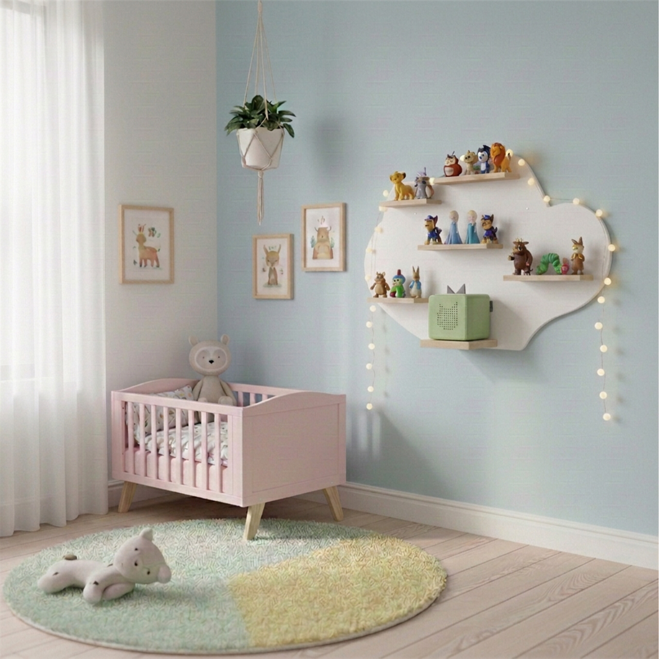 Ein Kinderzimmer mit rosa Gitterbett, r Fünfteiliger Teppich, Wolkenregal mit Figuren und Wandbilder.