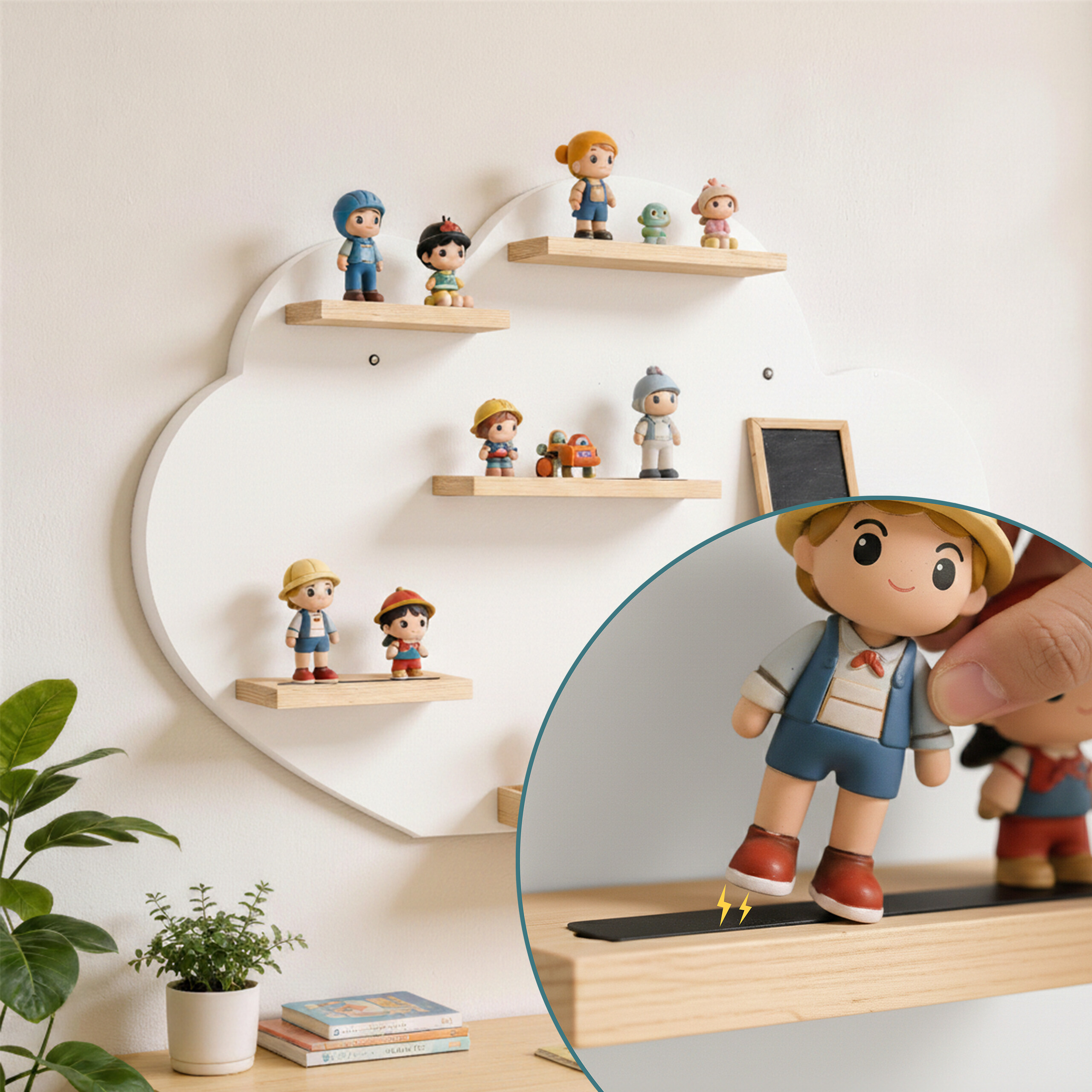 Eine Hand platziert eine Magnetfigur auf einem kleinen Holzregal an einer weißen, wolkenförmigen Wand.