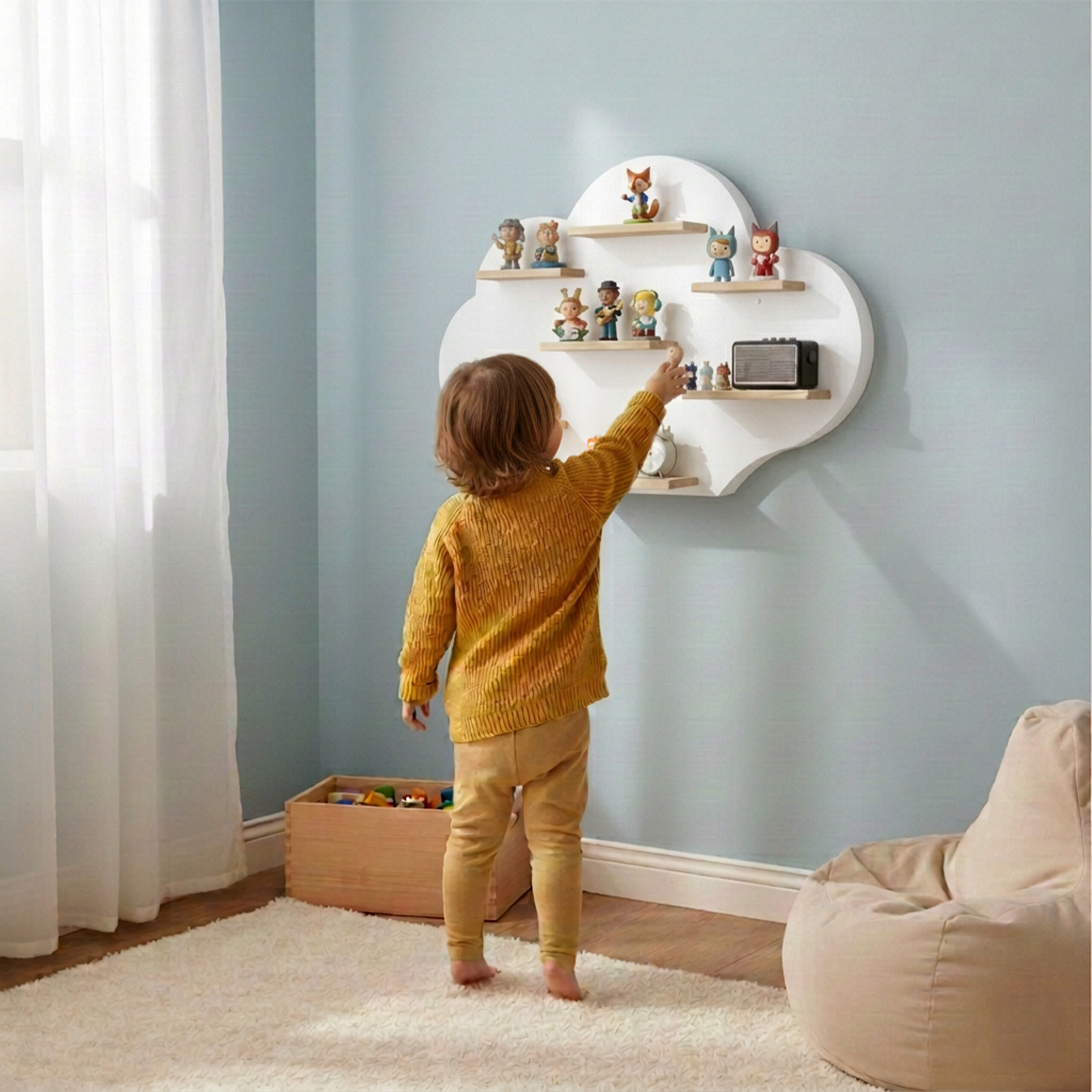 Kleinkind in gelber Kleidung greift nach Figuren auf einem cloud-förmigen Regal in einem hellen Kinderzimmer.