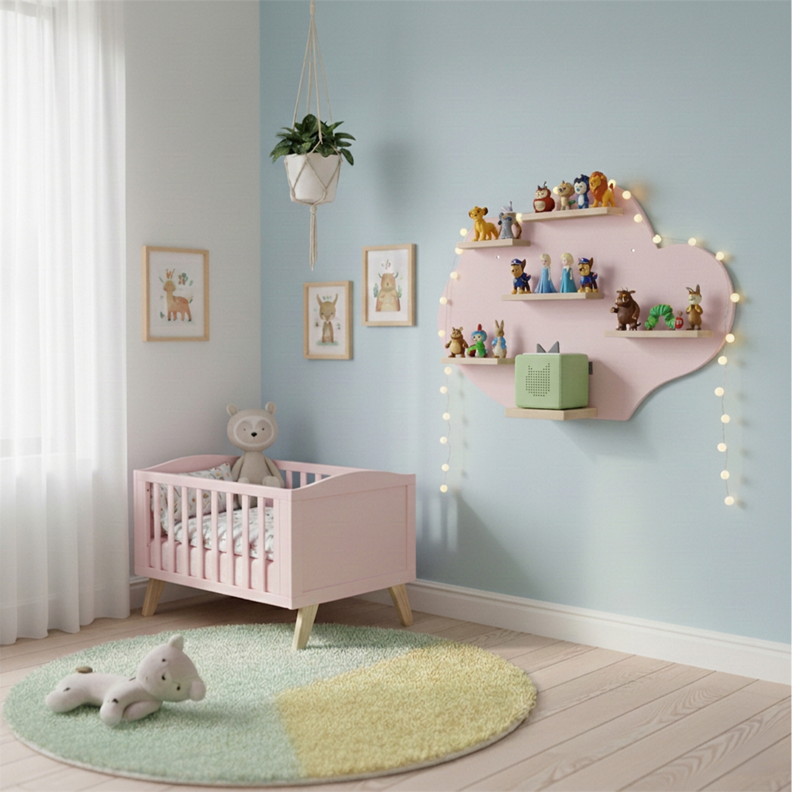Rosa Babybett, runder Teppich, schwebendes Wolkenregal mit Figuren und Hängepflanze im Kinderzimmer.