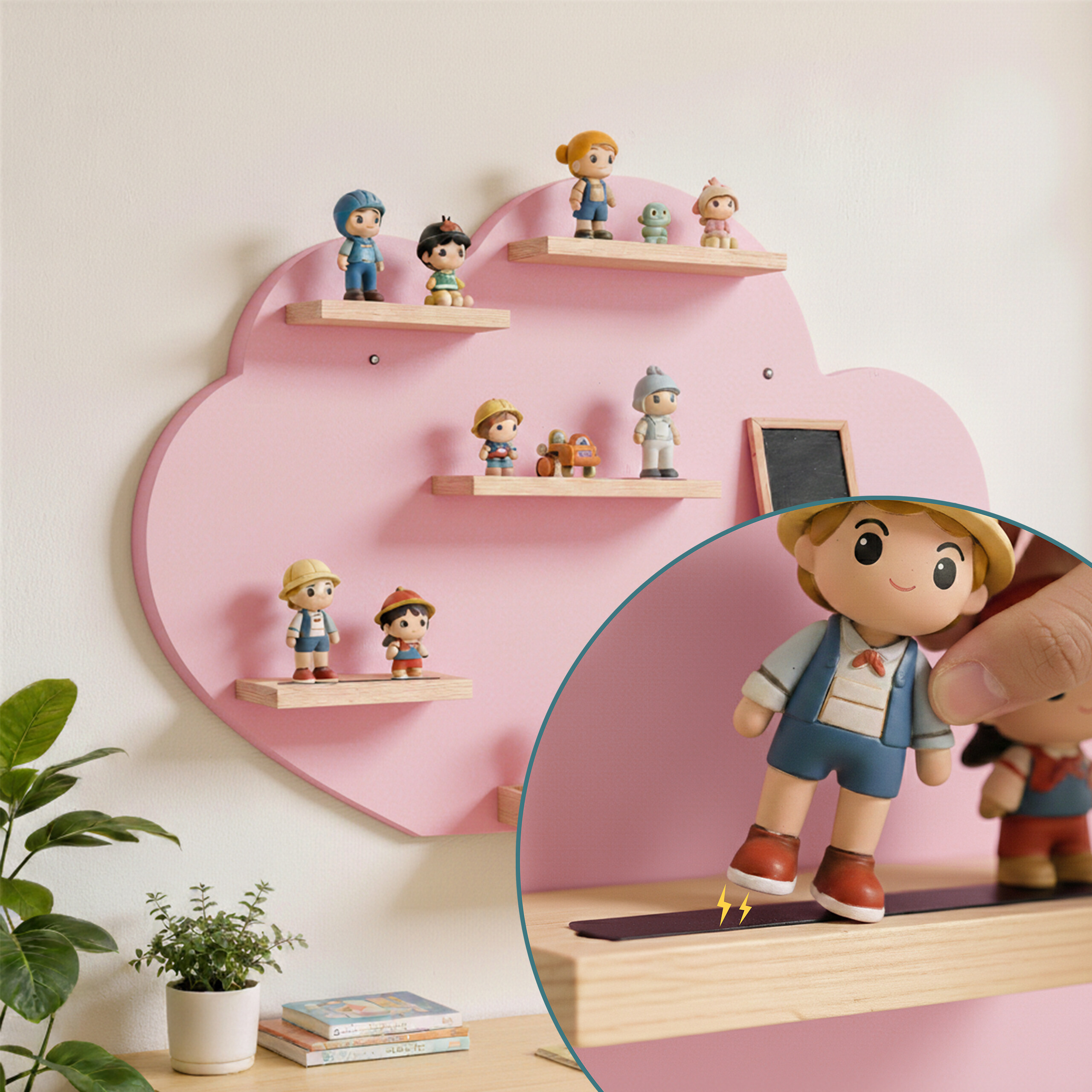 Hand platziert eine kleine Jungenfigur auf einem Holzregal an einer rosa wolkenförmigen Wand.