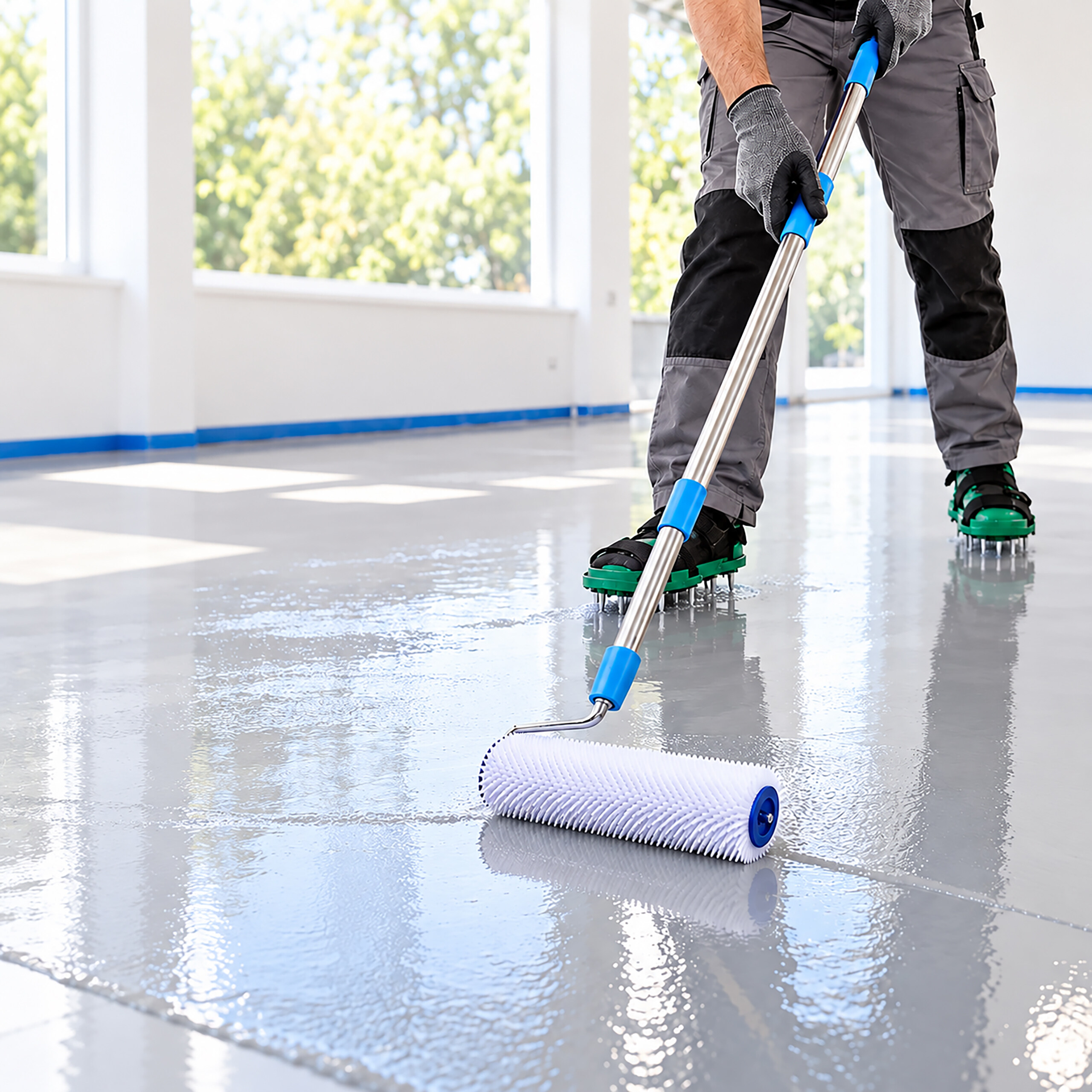 Handwerker in Arbeitskleidung rollt eine Bodenbeschichtung mit einer Stachelwalze auf.