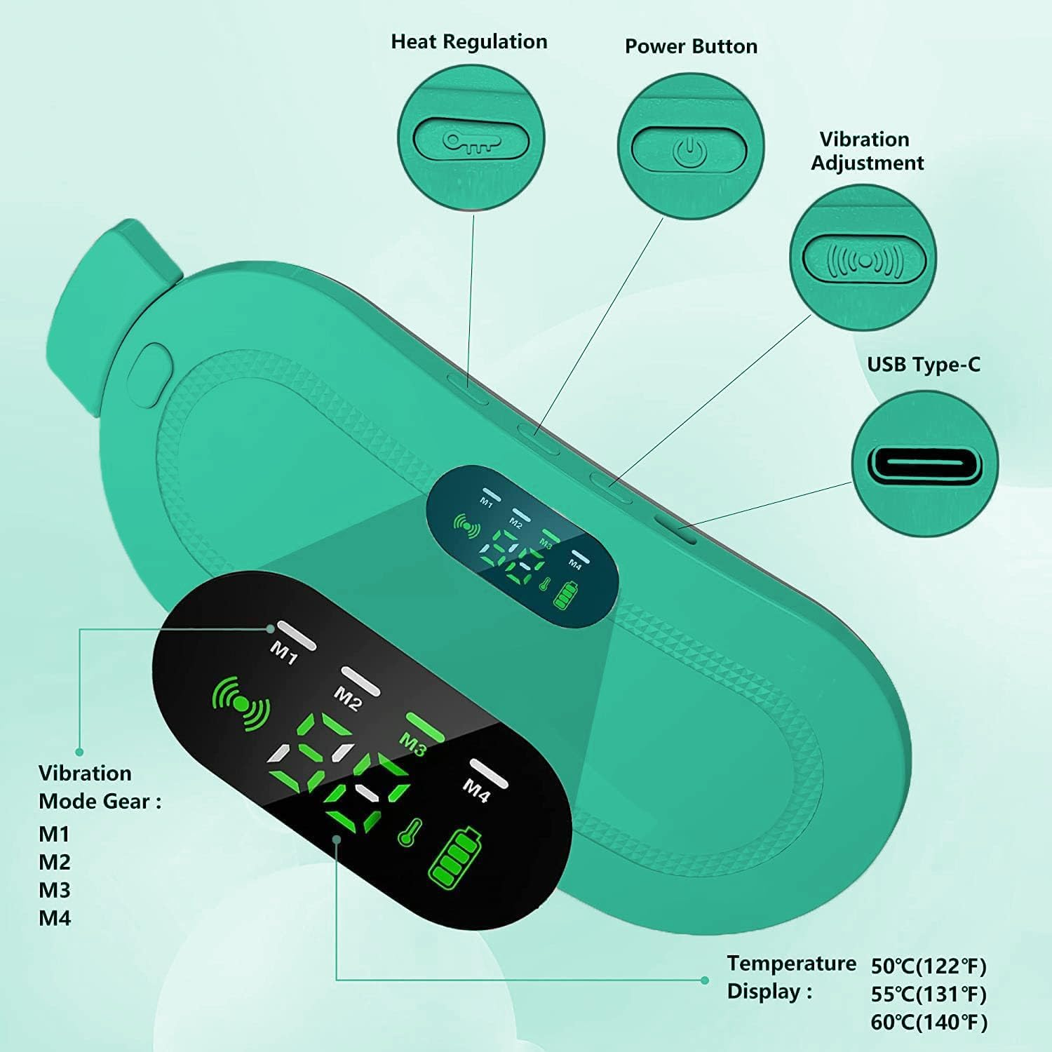 Grünes Heizgerät mit digitaler Anzeige, Wärmeregulierung, Power-Knopf, Vibrationseinstellung und USB-Anschluss.