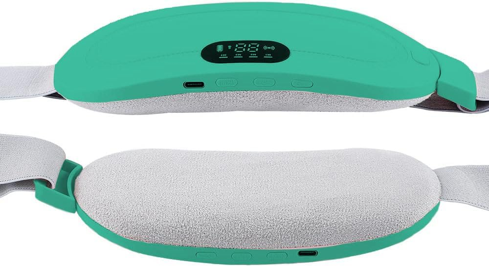 Ein türkiser und grauer Wärmemassagegürtel mit digitaler Anzeige und Steuertasten aus zwei Perspektiven.