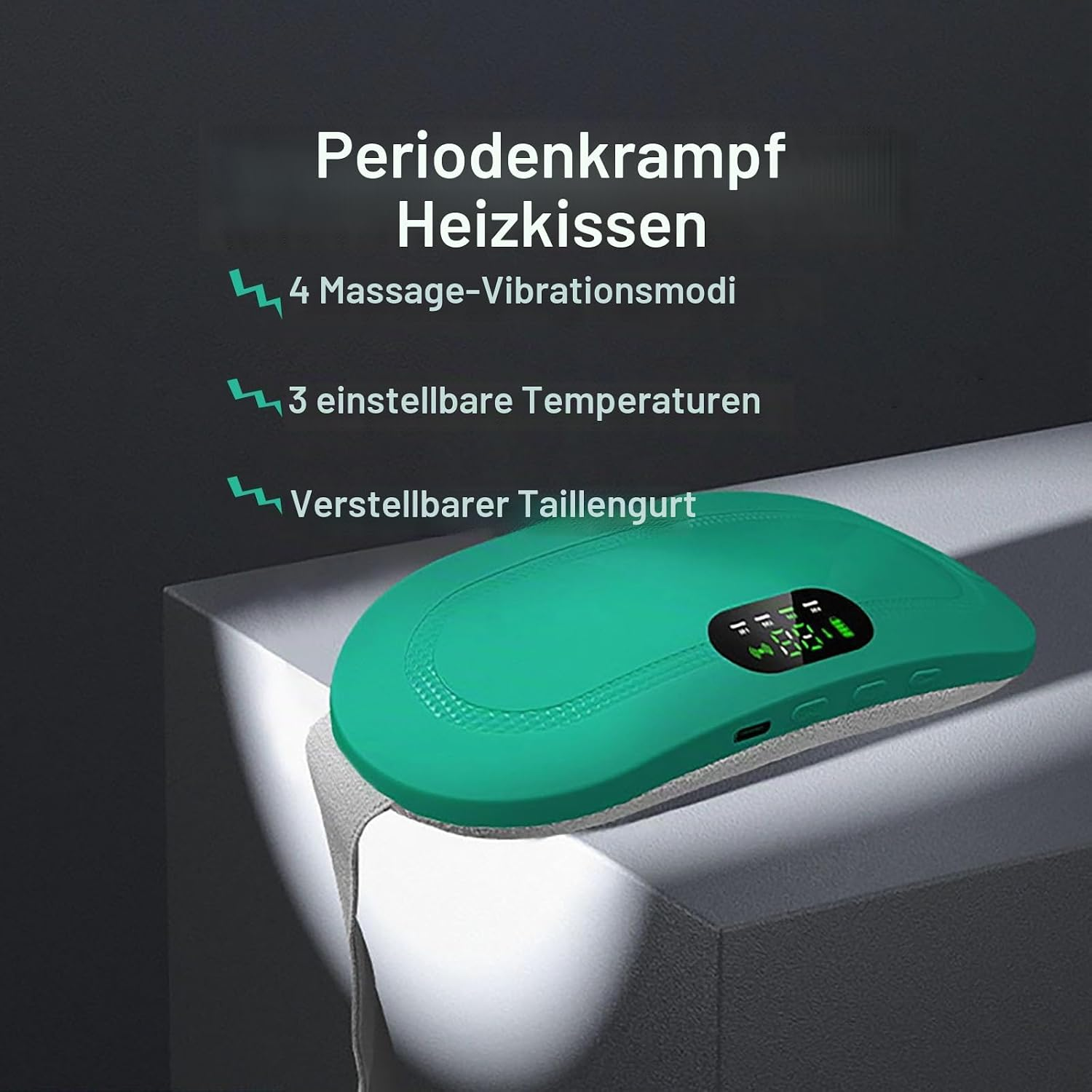 Grünes Heizkissen für Periodenkrämpfe mit digitalem Display und Textinhalten auf Deutsch.