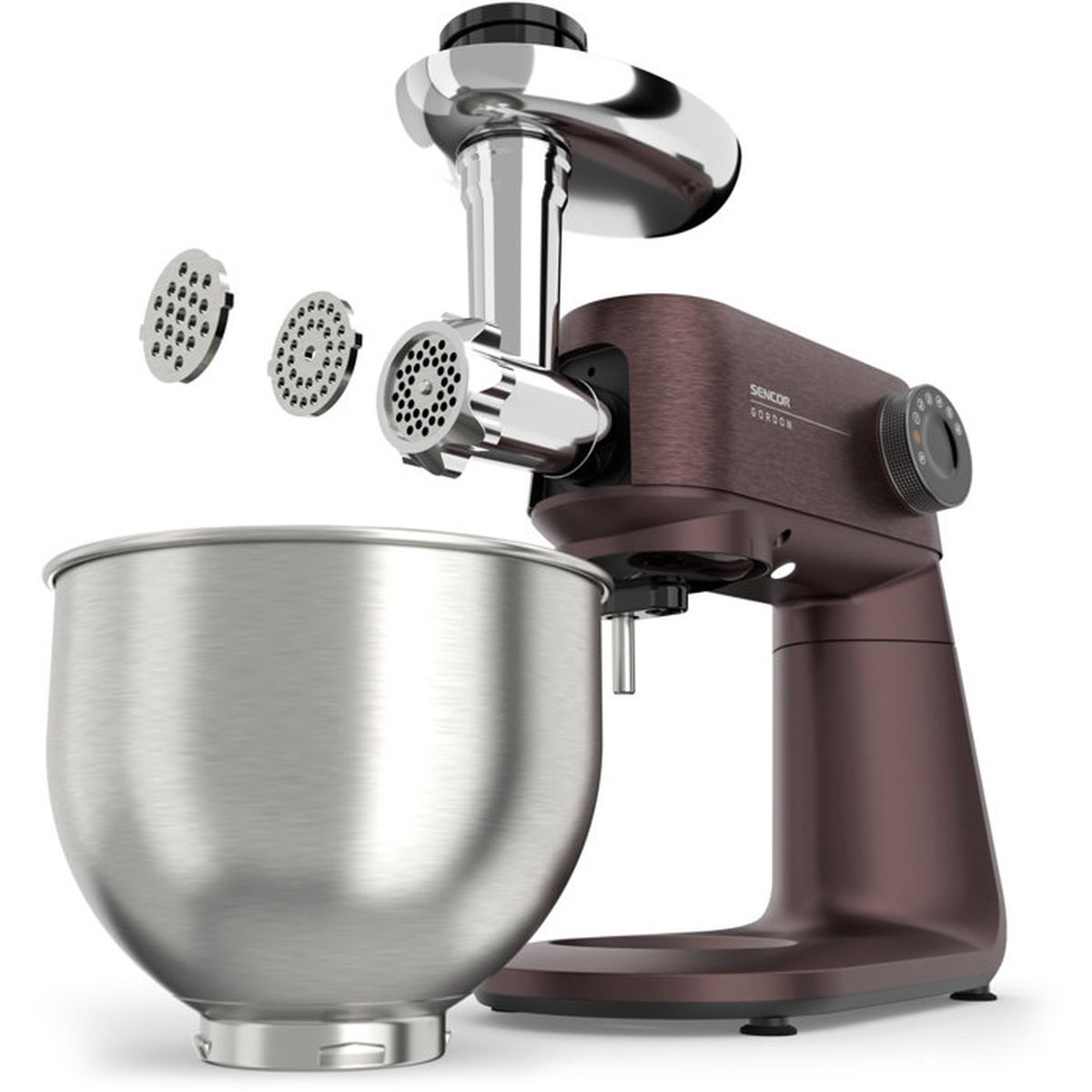 Ciemnoczerwony robot kuchenny z misą ze stali nierdzewnej i maszynką do mięsa z trzema sitkami.