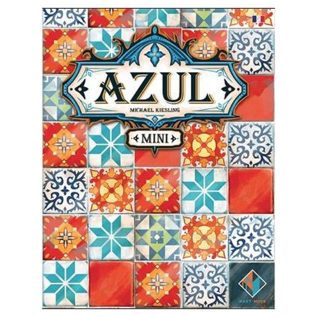 Die Schachtel des Brettspiels Azul Mini zeigt ein buntes Mosaikmuster mit dem Spieletitel in der Mitte.