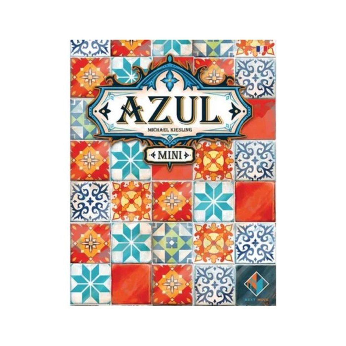 Das Cover des Azul Mini Brettspiels zeigt eine farbenfrohe Anordnung von blau-weißen, roten und gelben Fliesen.
