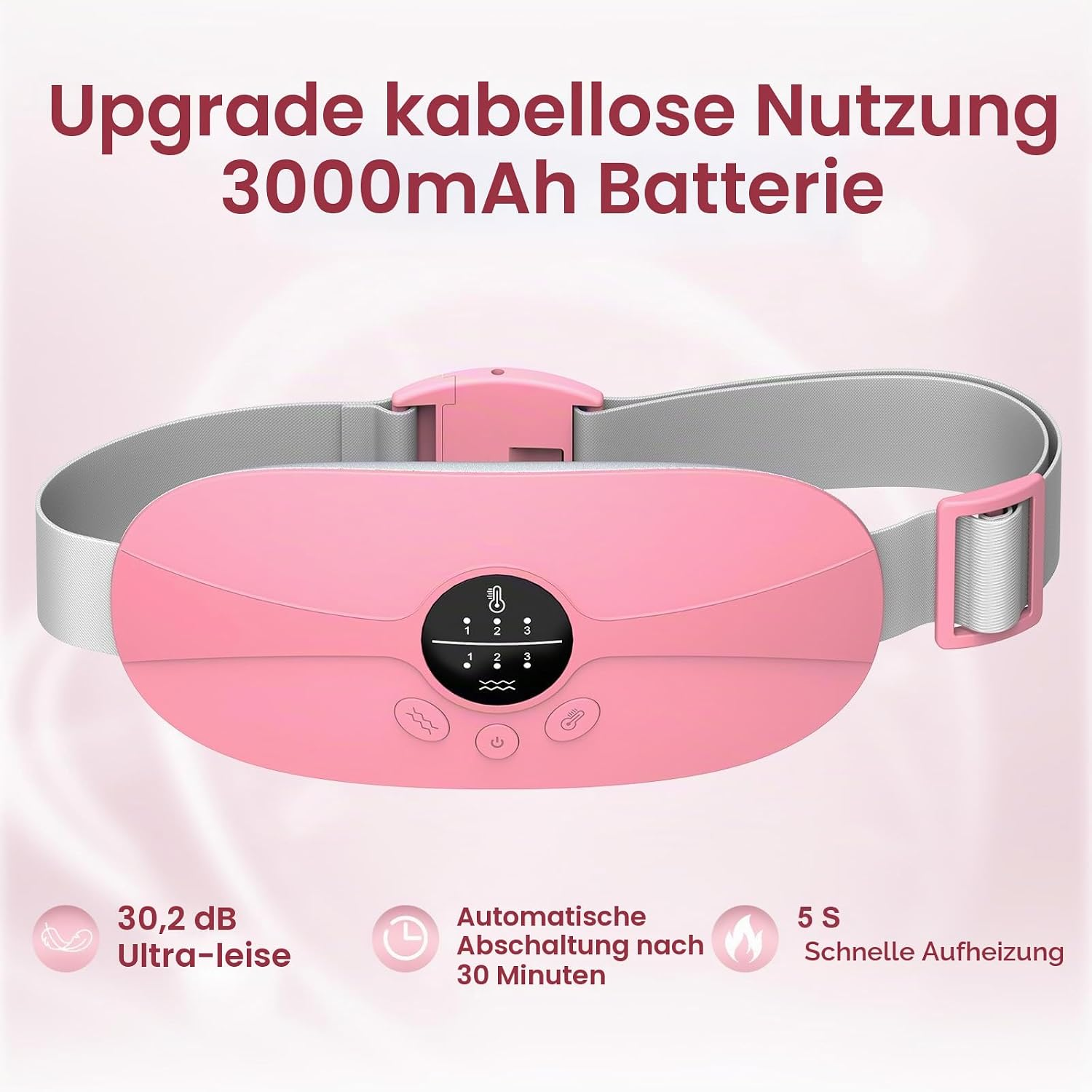 Rosa kabelloser Heizgürtel mit Display und grauen Gurt gegen Regelschmerzen.