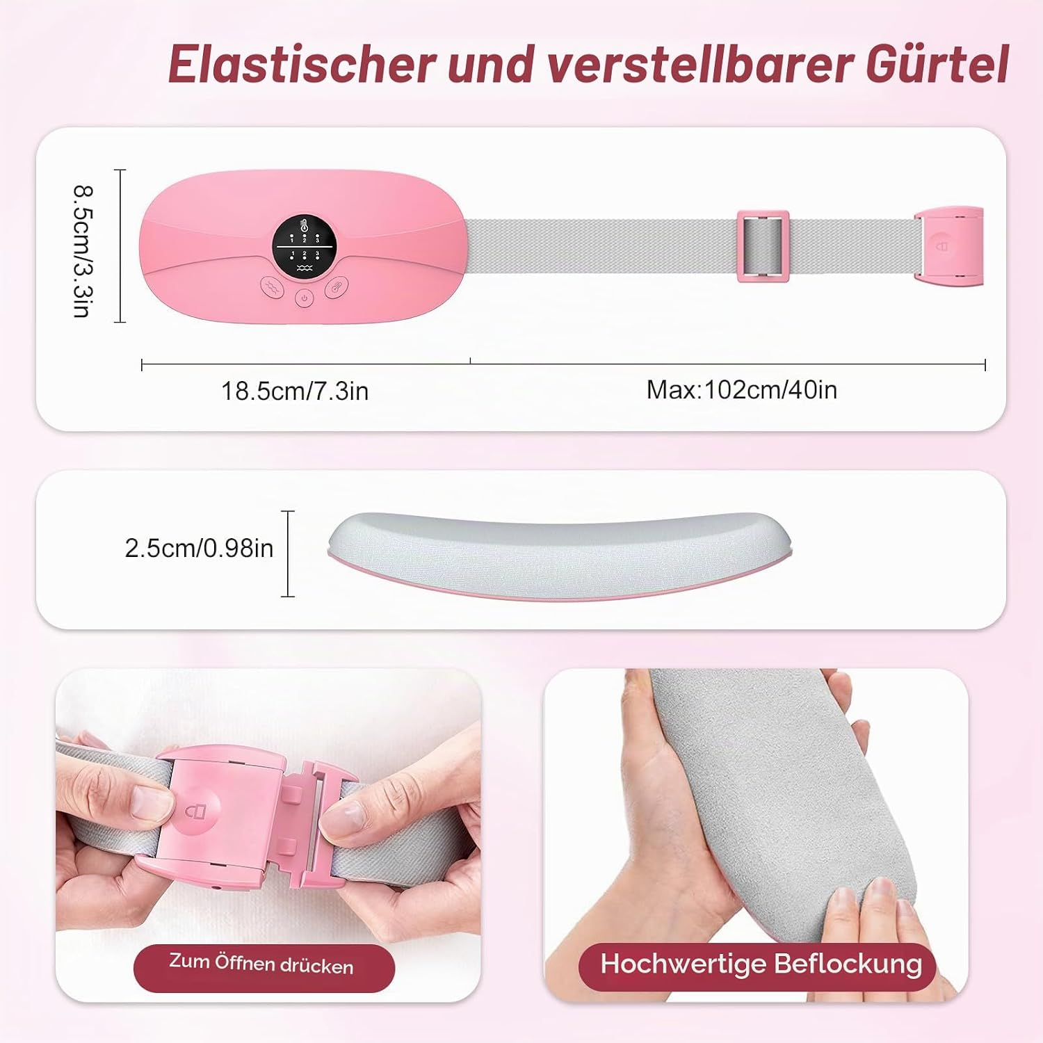 Rosa Wärmegürtel mit verstellbarem Band, Maßen, Schnalle und weicher Flockung.