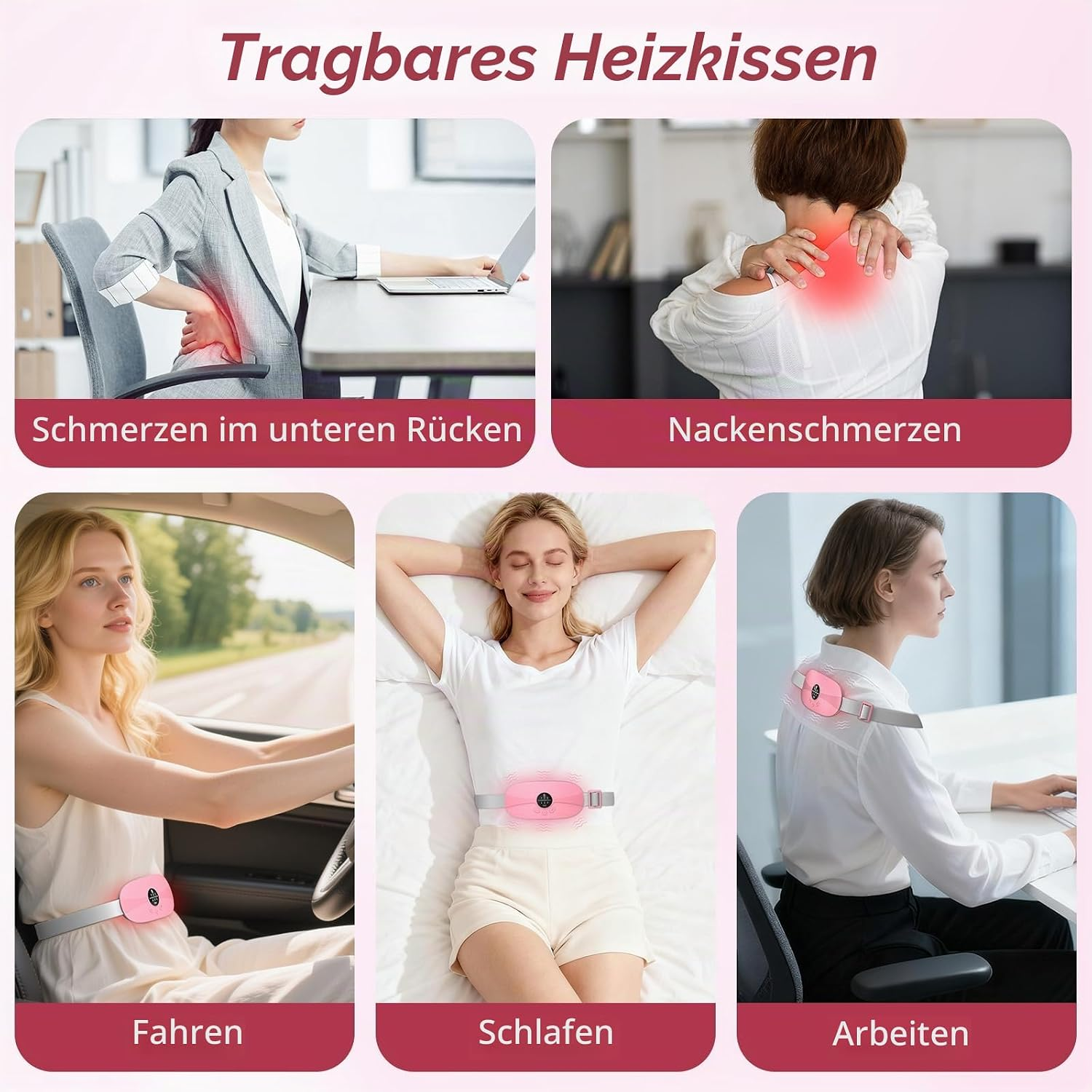 Verschiedene Anwendungsbereiche eines tragbaren Heizkissens zur Linderung von Schmerzen.