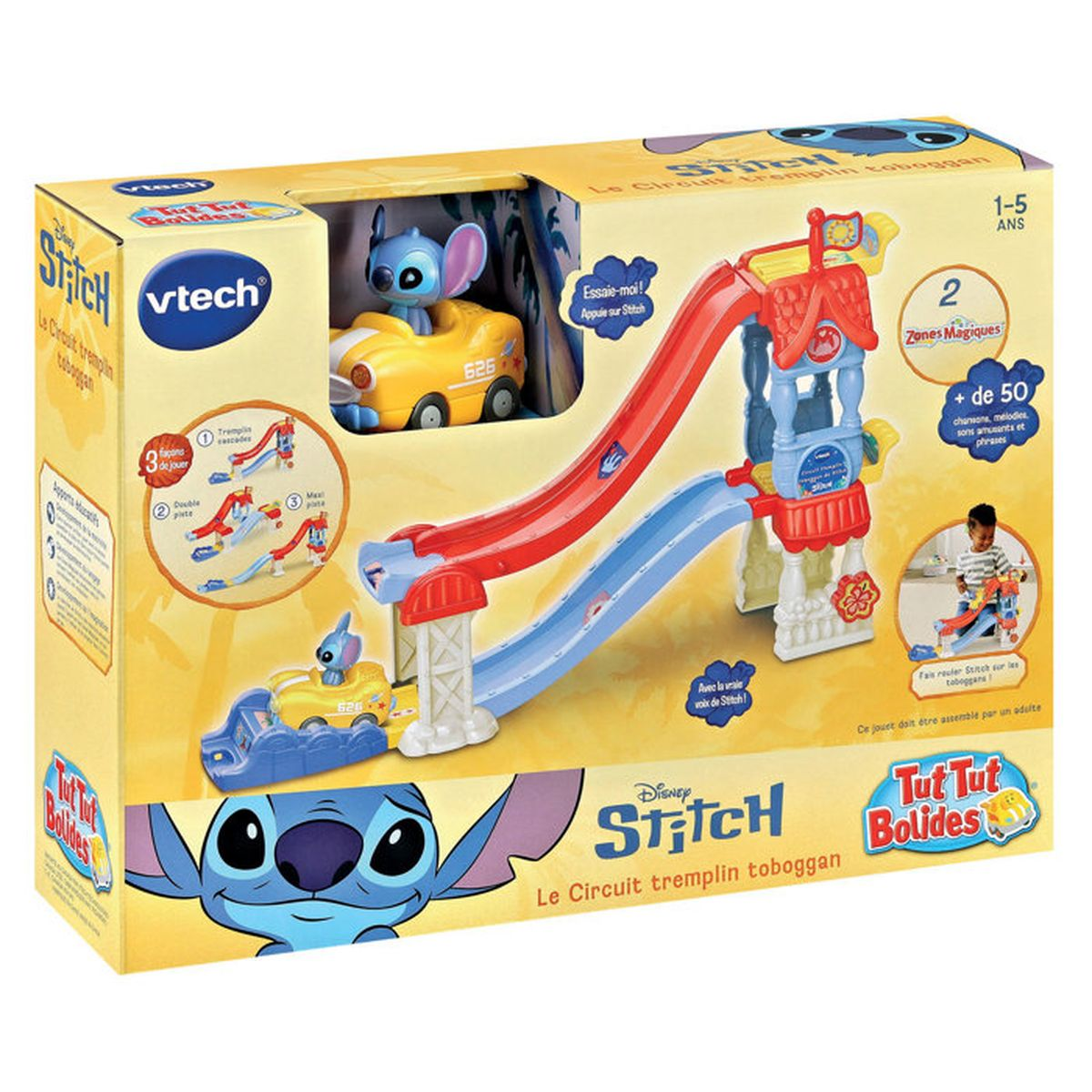 Verpackung eines Disney Stitch VTech Tut Tut Bolides Spielzeugs mit einem kleinen Auto und einer bunten Rutsche.