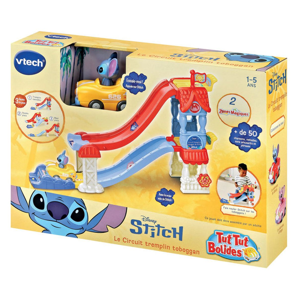 VTech Disney Stitch Spielset mit gelbem Auto, roter Rutsche und blauem Turm in einer gelben Box.