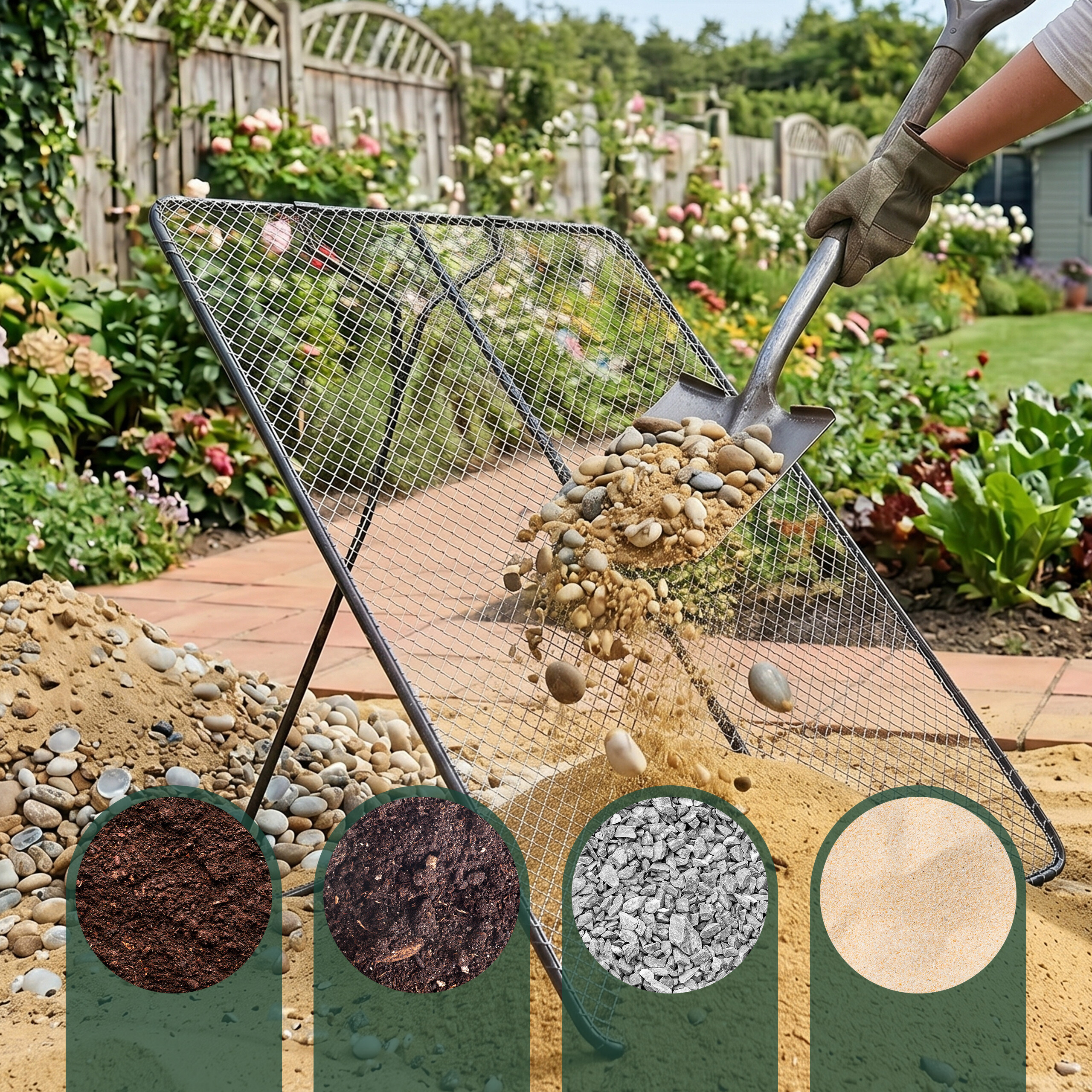 Eine Schaufel wirft Kies und Sand auf ein Gartensieb, mit vier Bodentypen in runden Bildern unten.