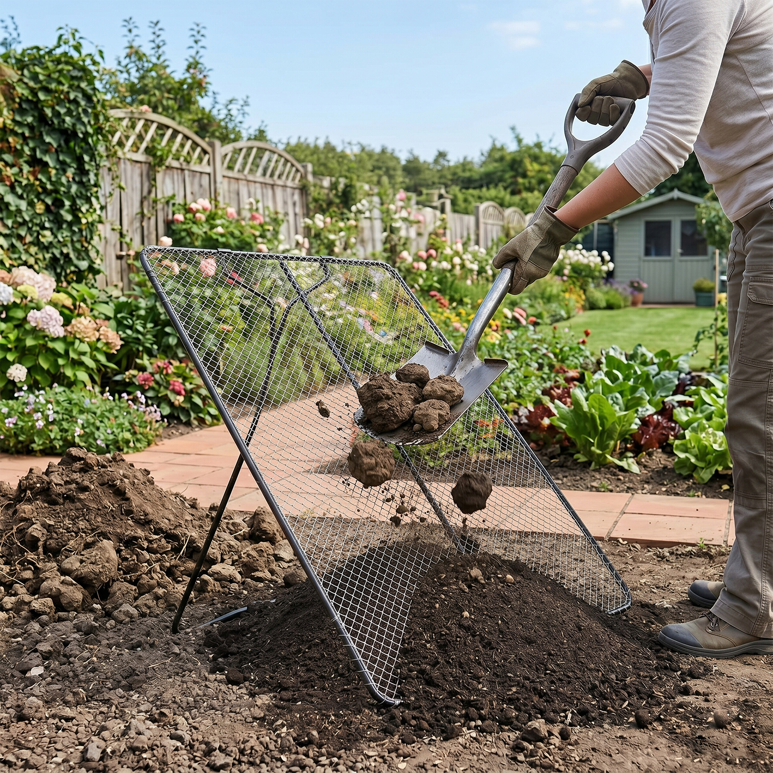 Eine Person schaufelt Erde auf ein Metallsieb im Garten.
