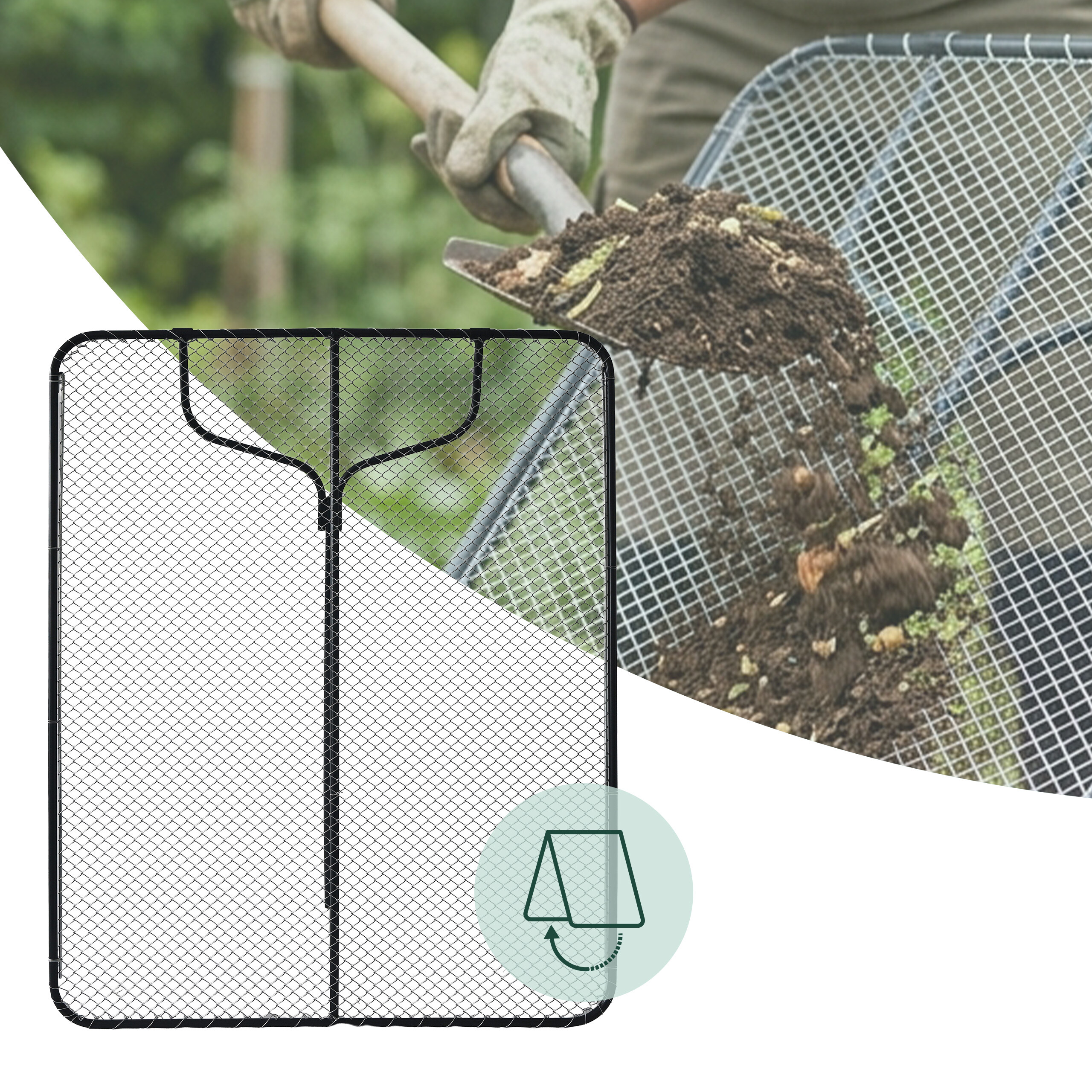 Gartenarbeiter schaufelt Erde auf ein Metallsieb, links ist ein Klappsieb-Symbol abgebildet.