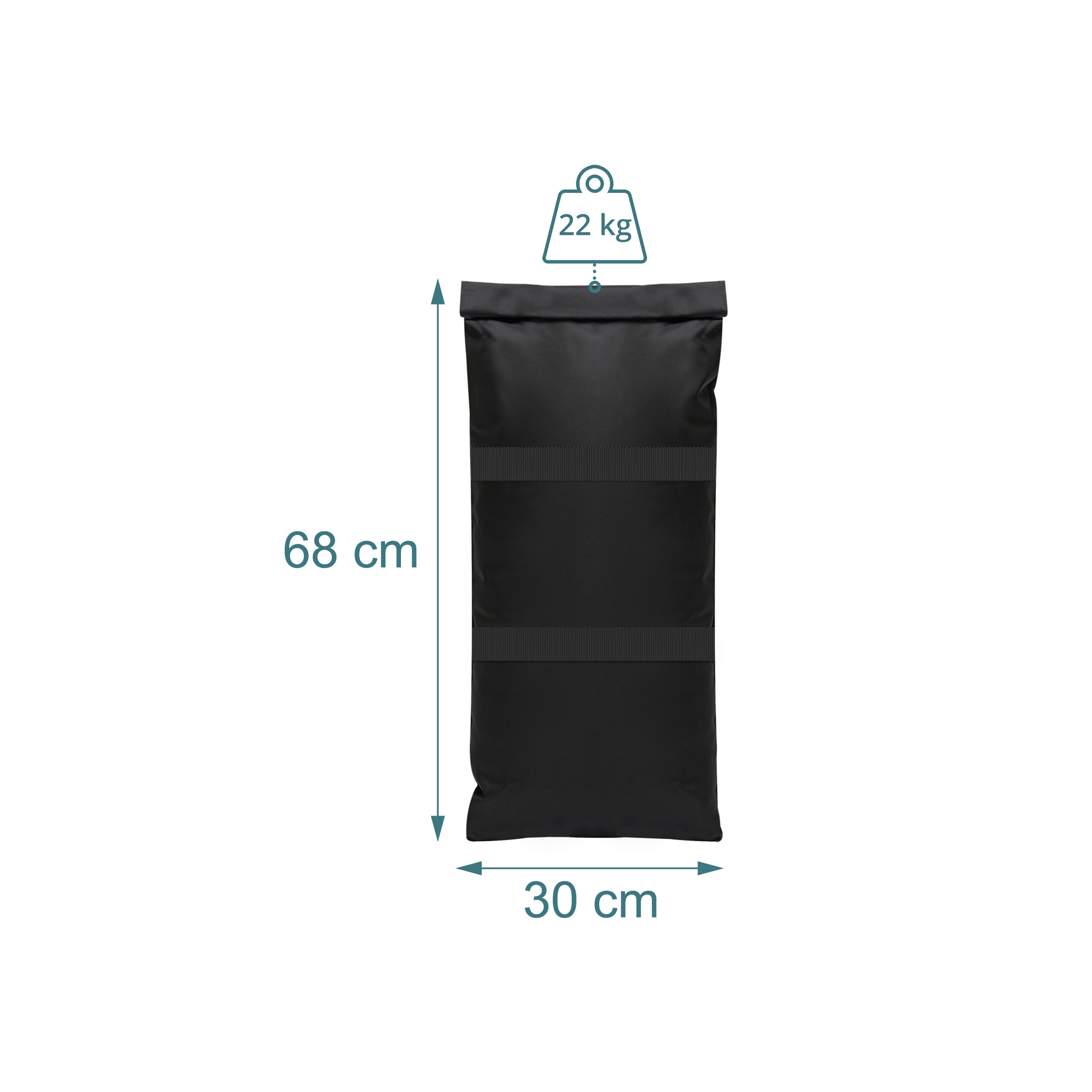 Schwarze Gewichtstasche, 68 cm hoch, 30 cm breit, für 22 kg.