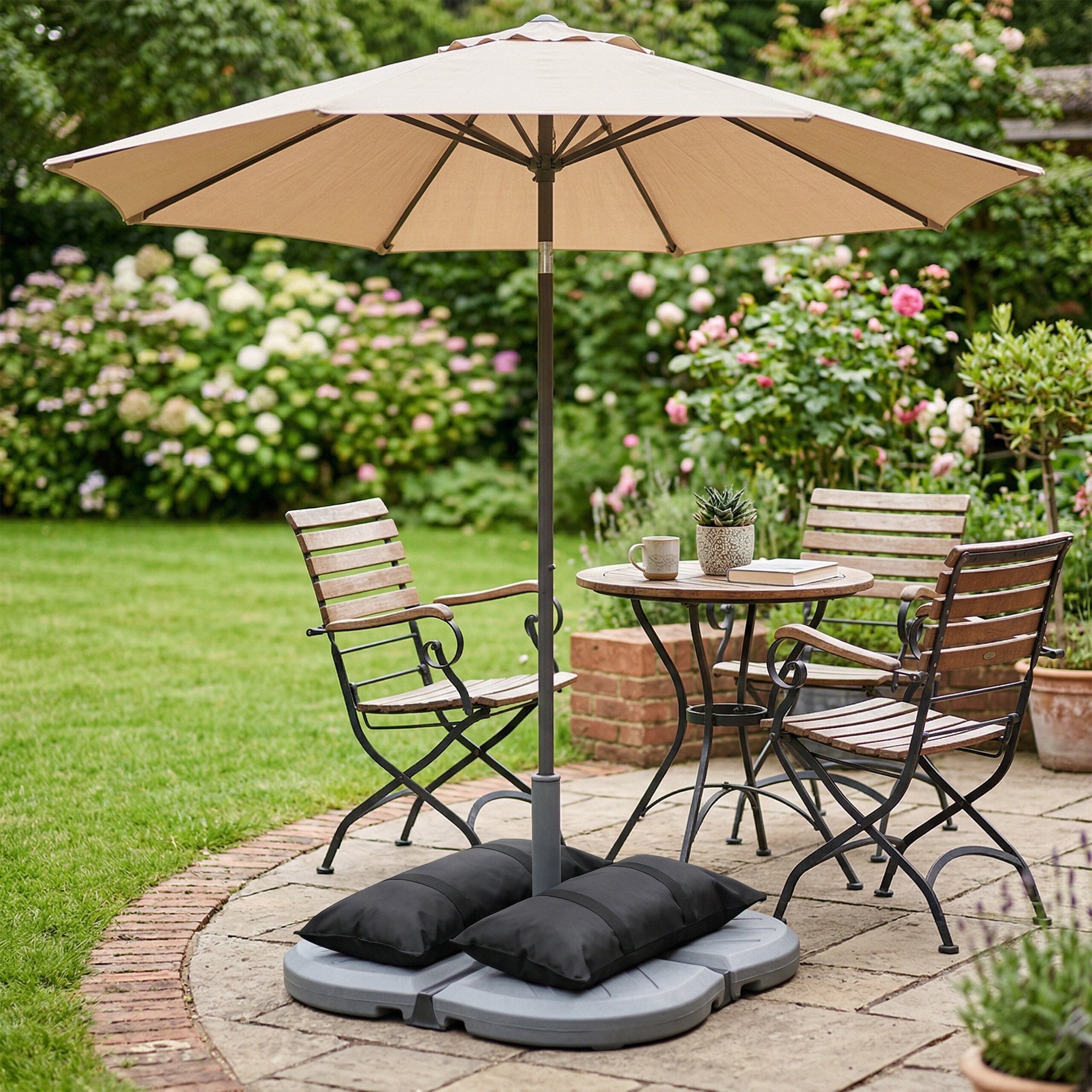 Ein Gartentisch mit Stühlen und einem großen beigen Sonnenschirm auf einer Terrasse, umgeben von Blumen.
