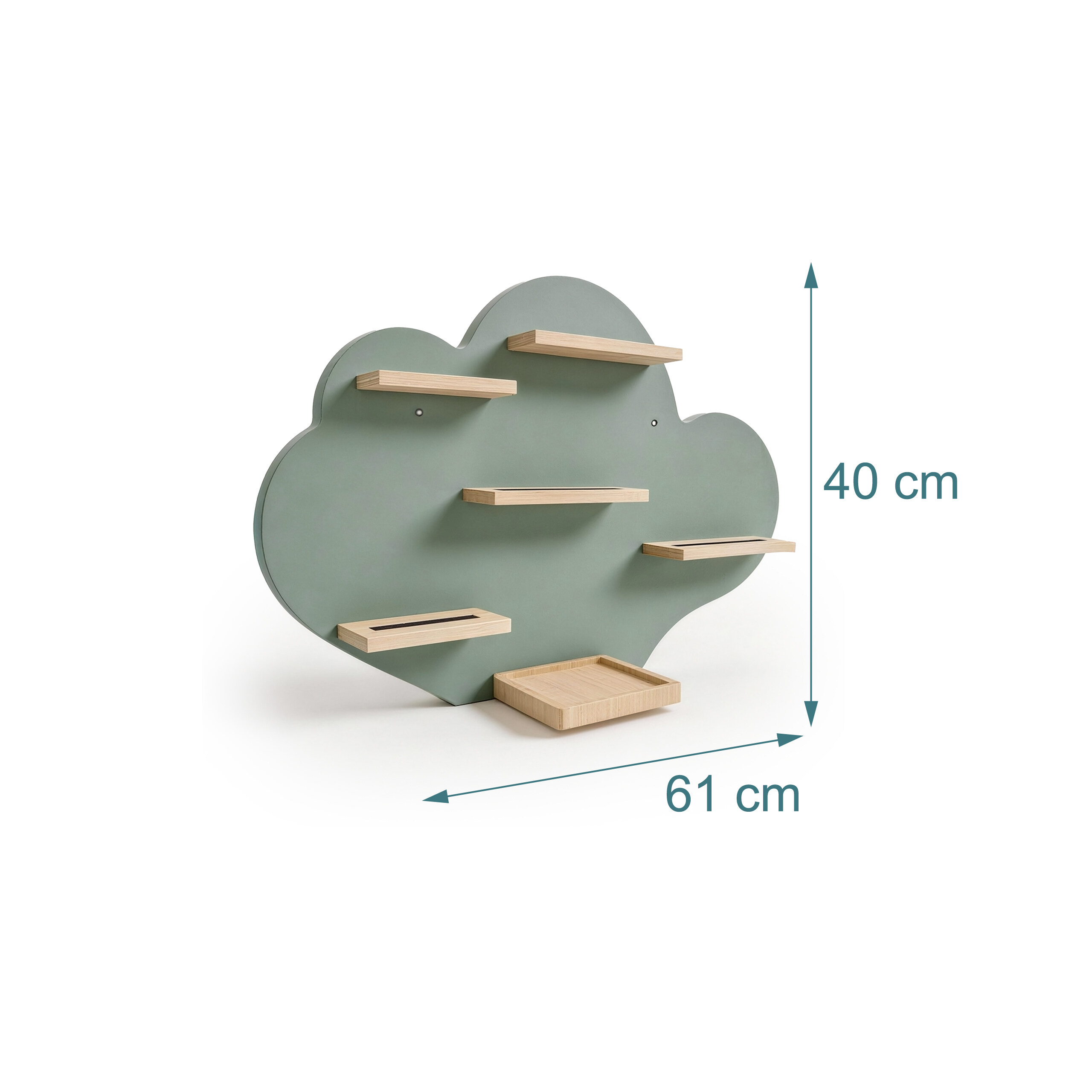 Grünes, wolkenförmiges Katzenkletterregal aus Holz, 61 cm breit und 40 cm hoch.