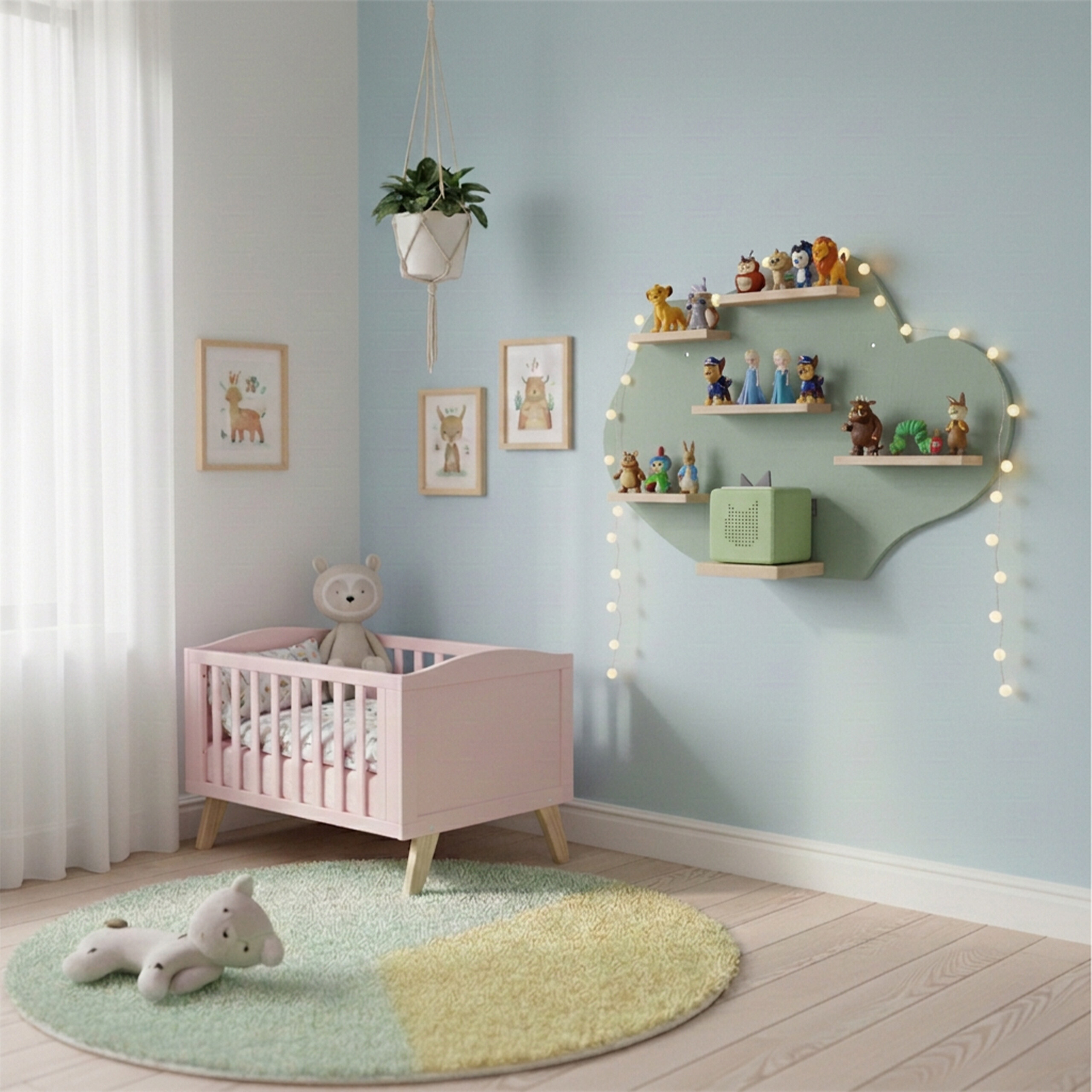 Ein Kinderzimmer mit rosa Bett, runden Teppich, Wolkenregal mit Figuren und blauen Wänden.