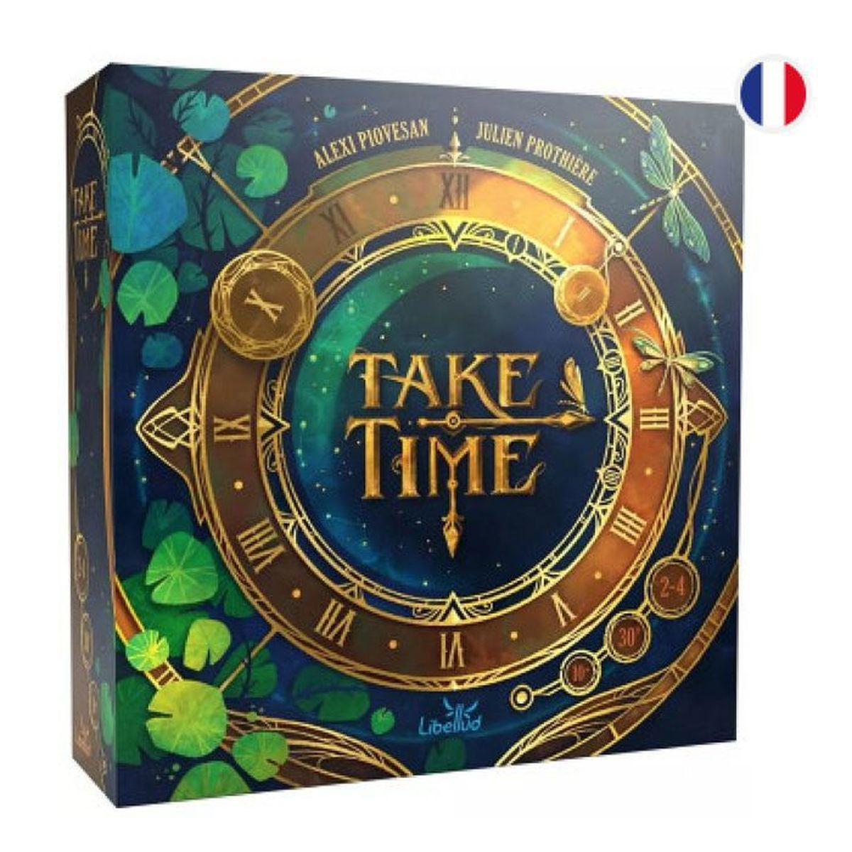 Brettspiel-Box Take Time mit goldener Uhr, römischen Ziffern und Seerosenblättern auf dunklem Hintergrund.