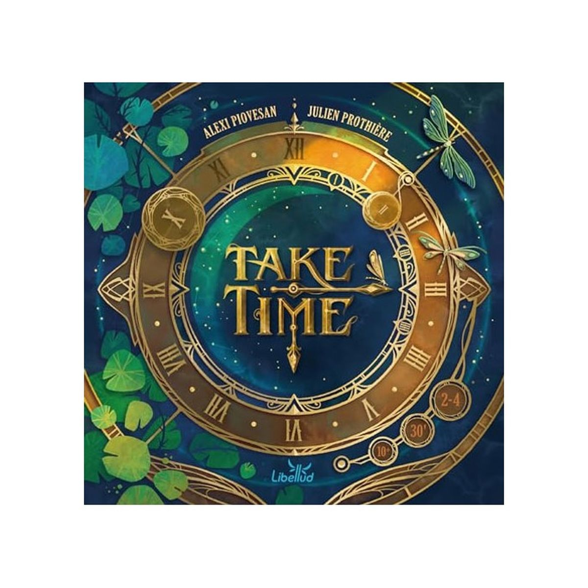 Brettspielcover mit goldener Uhr, römischen Ziffern, Libellen und Seerosen auf blauem Hintergrund.