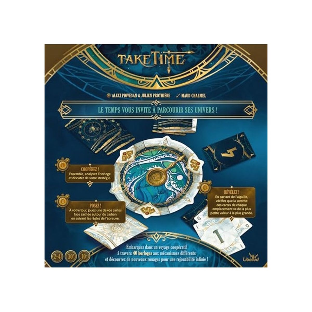 Die Take Time Brettspielbox zeigt ein blau-goldenes Design mit Karten, einer zentralen Drehscheibe und Textfeldern.