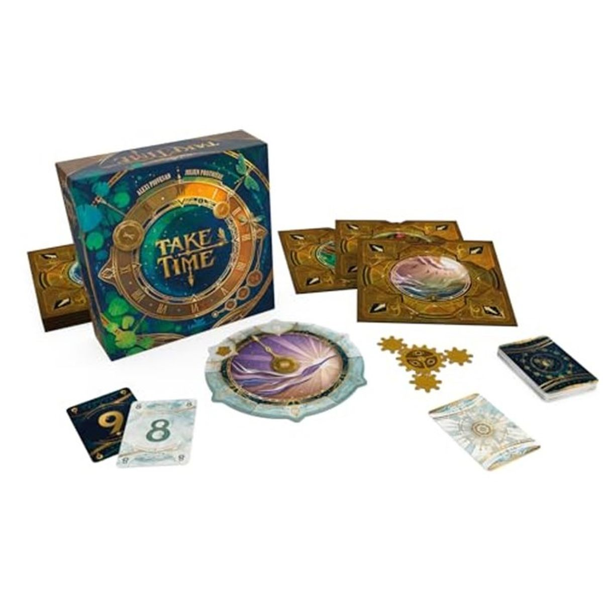 Das Take Time Brettspiel mit Schachtel, runder Uhrscheibe, Zahnrädern, Spielkarten und quadratischen Spielplänen.