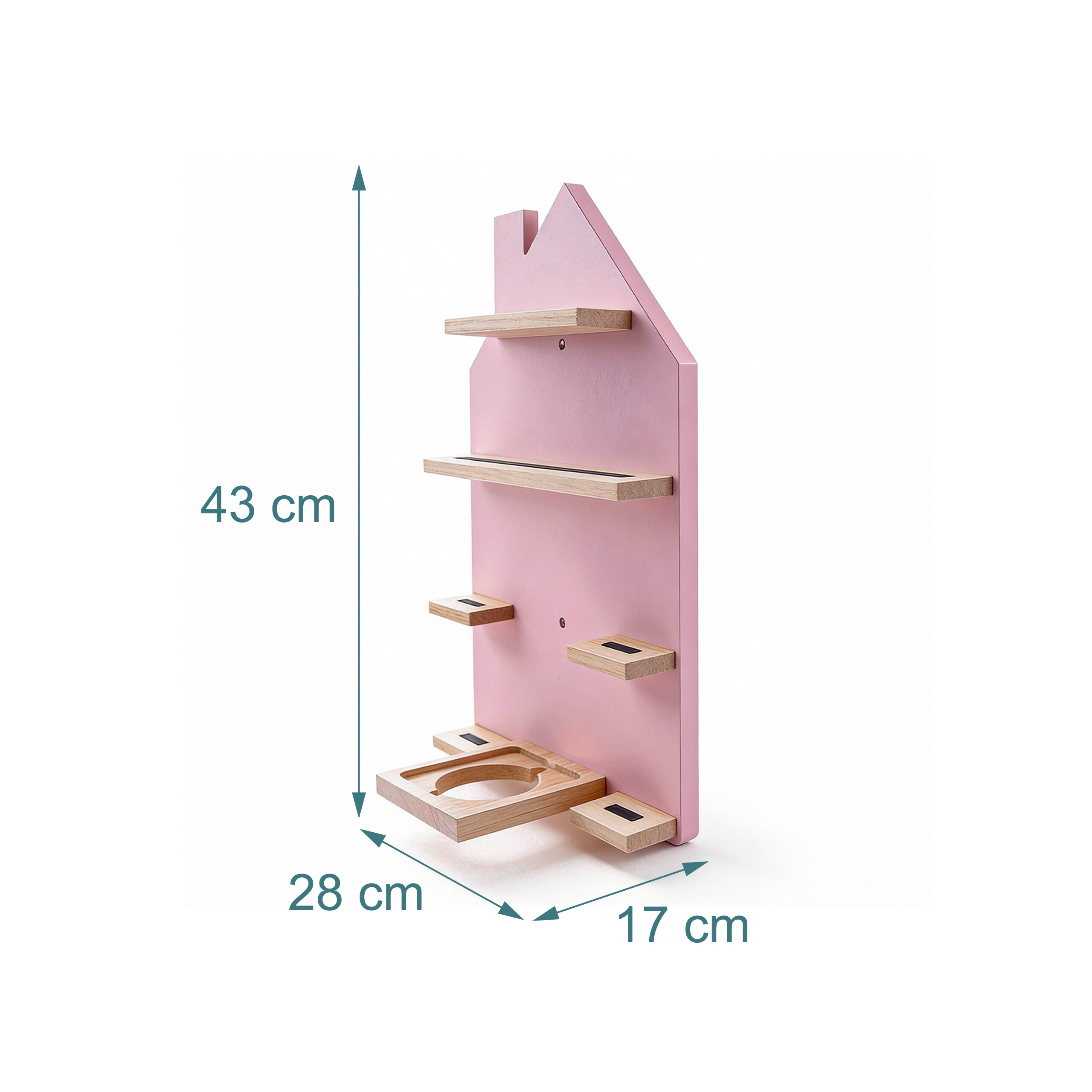 Rosa Wandregal in Hausform mit Holzregalen und Abmessungen von 43x28x17 cm.