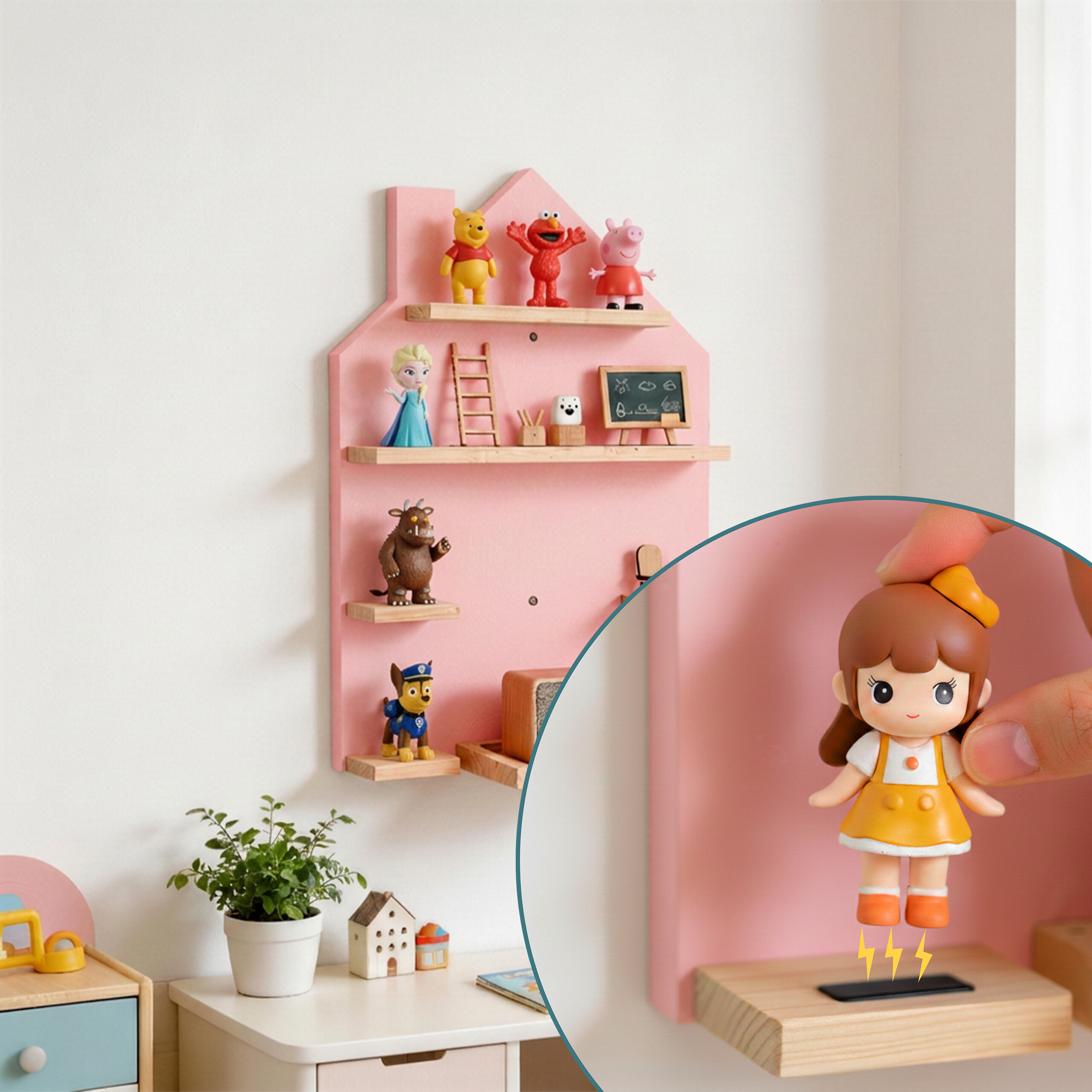 Ein rosafarbenes Hausregal an der Wand mit Spielzeug und eine Hand, die eine schwebende Puppe hält.