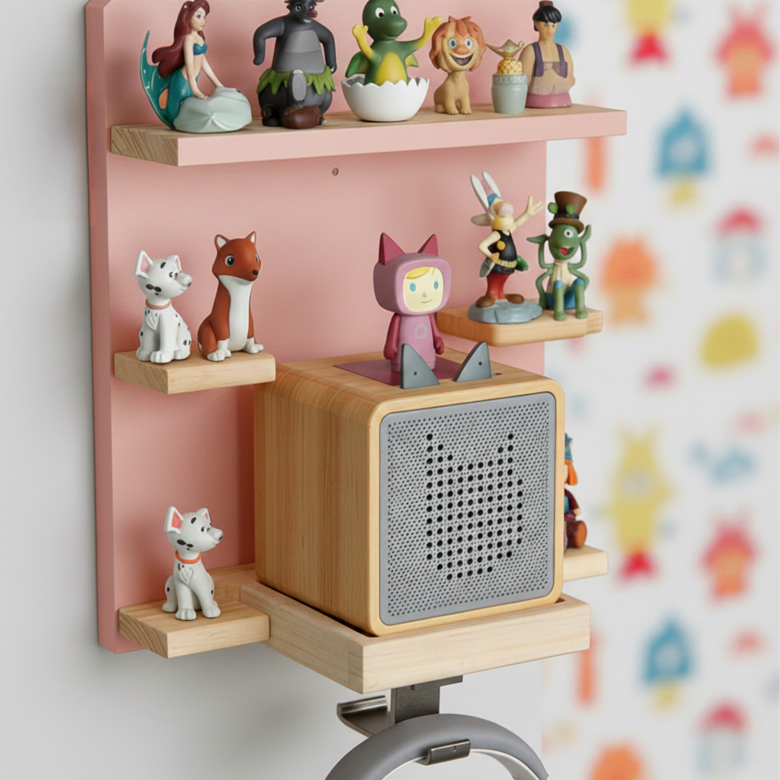 Ein Holz- und rosa Wandregal mit verschiedenen Figuren und einem Holz-Audioplayer mit Katzenohren-Figur.