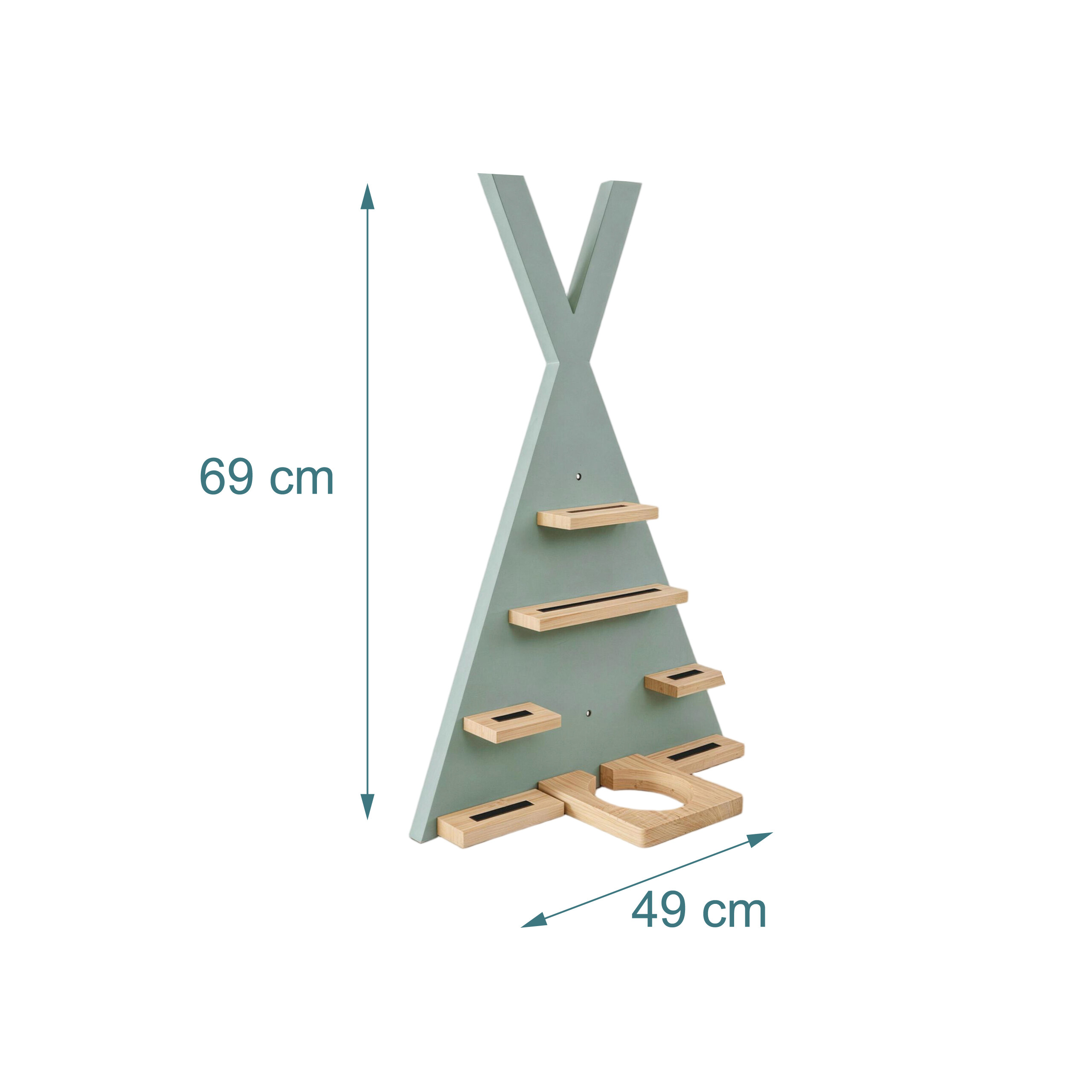 Grünes, teepee-förmiges Holzregal mit kleinen Regenböden und Maßen von 69 cm Höhe und 49 cm Breite.