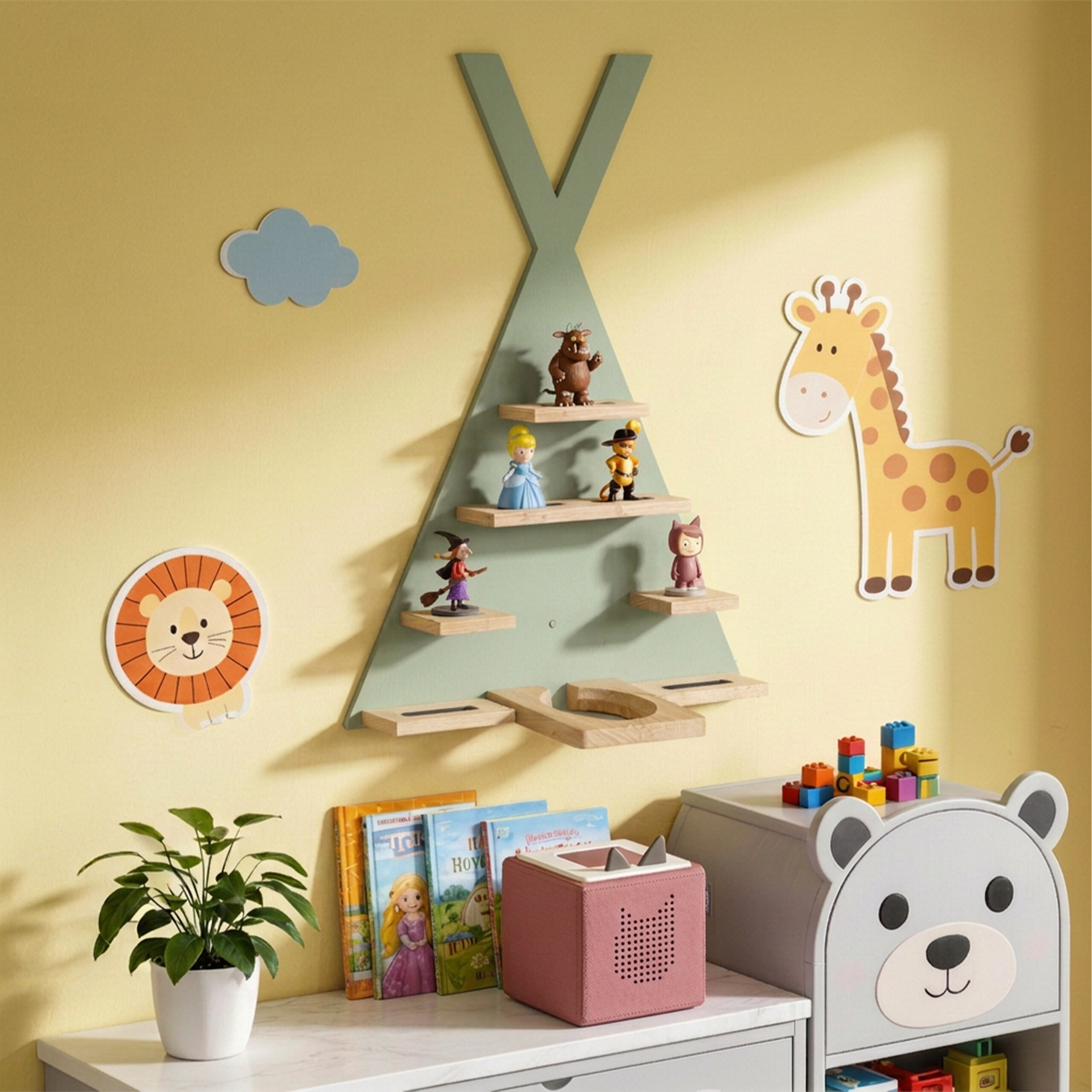 Ein Kinderzimmer mit einem Tipi-Wandregal voller Figuren, flankiert von Löwen- und Giraffenaufklebern.