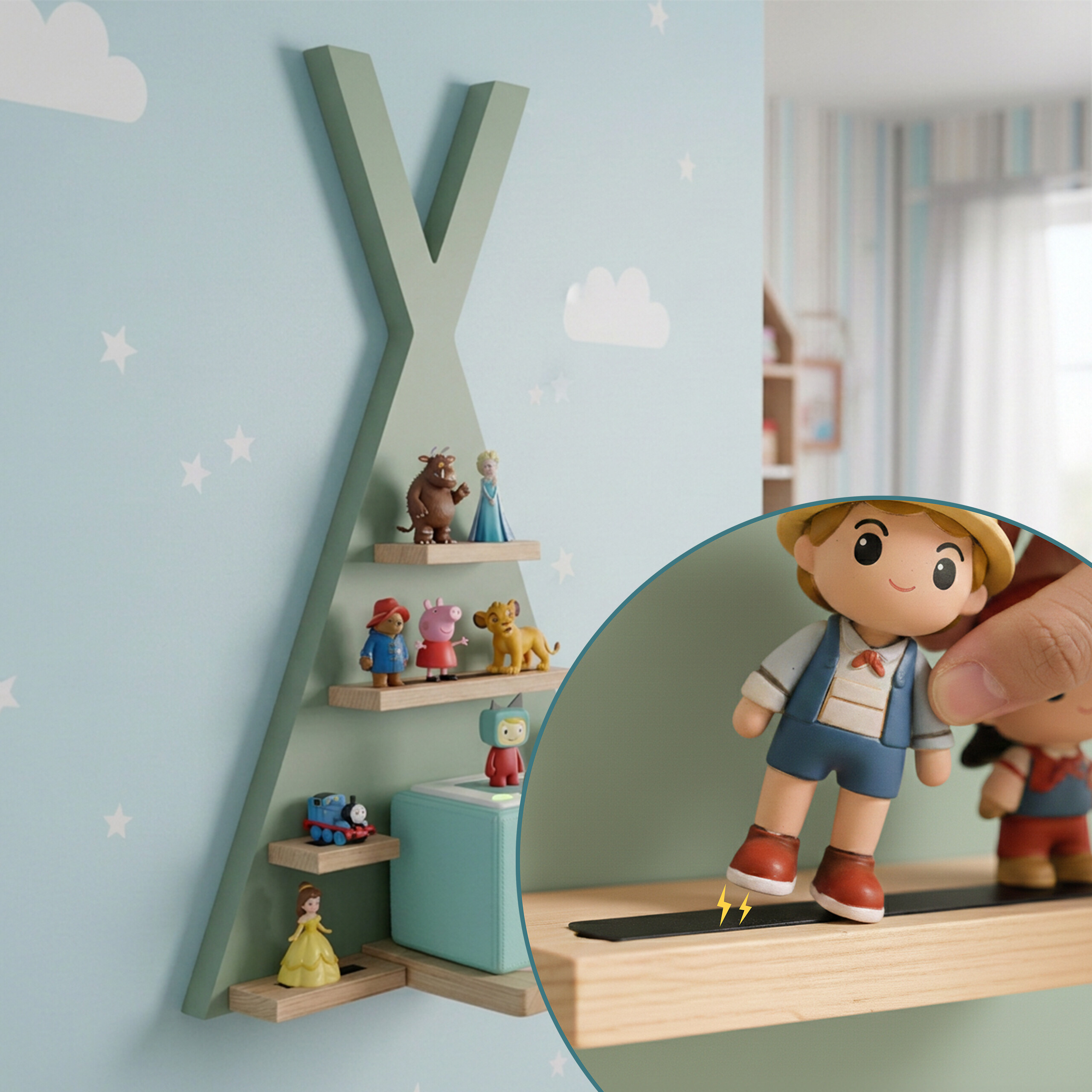 Eine Hand platziert eine Spielfigur auf einem grünen Tipi-Wandregal mit kleinen Figuren.