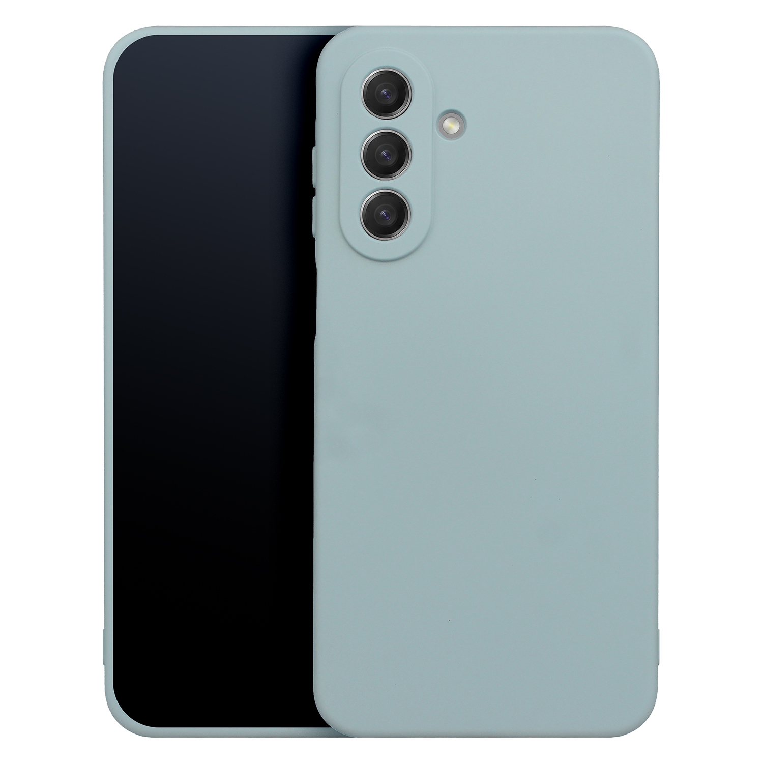 Ein hellblaues Smartphone mit drei vertikalen Kameras auf der Rückseite und einem schwarzen Display.