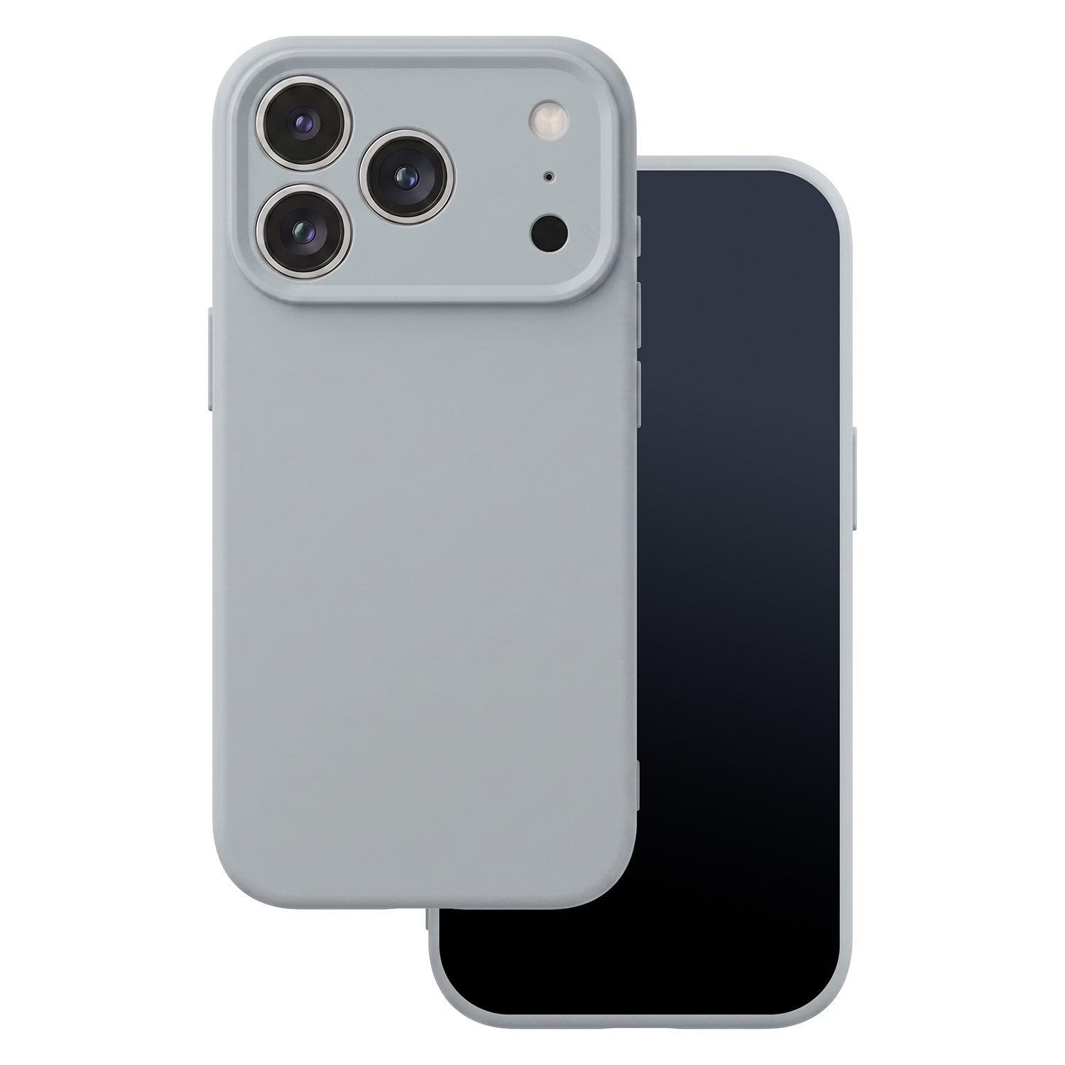 Ein graues Smartphone in einer Schutzhülle zeigt die dreifache Kamera und den schwarzen Bildschirm auf weißem Grund.