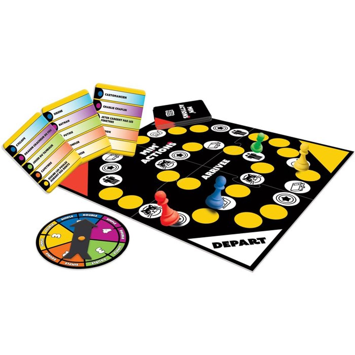 Ein Brettspiel mit gelben und schwarzen Feldern, bunten Karten, Spielfiguren und einem drehbaren Pfeil.